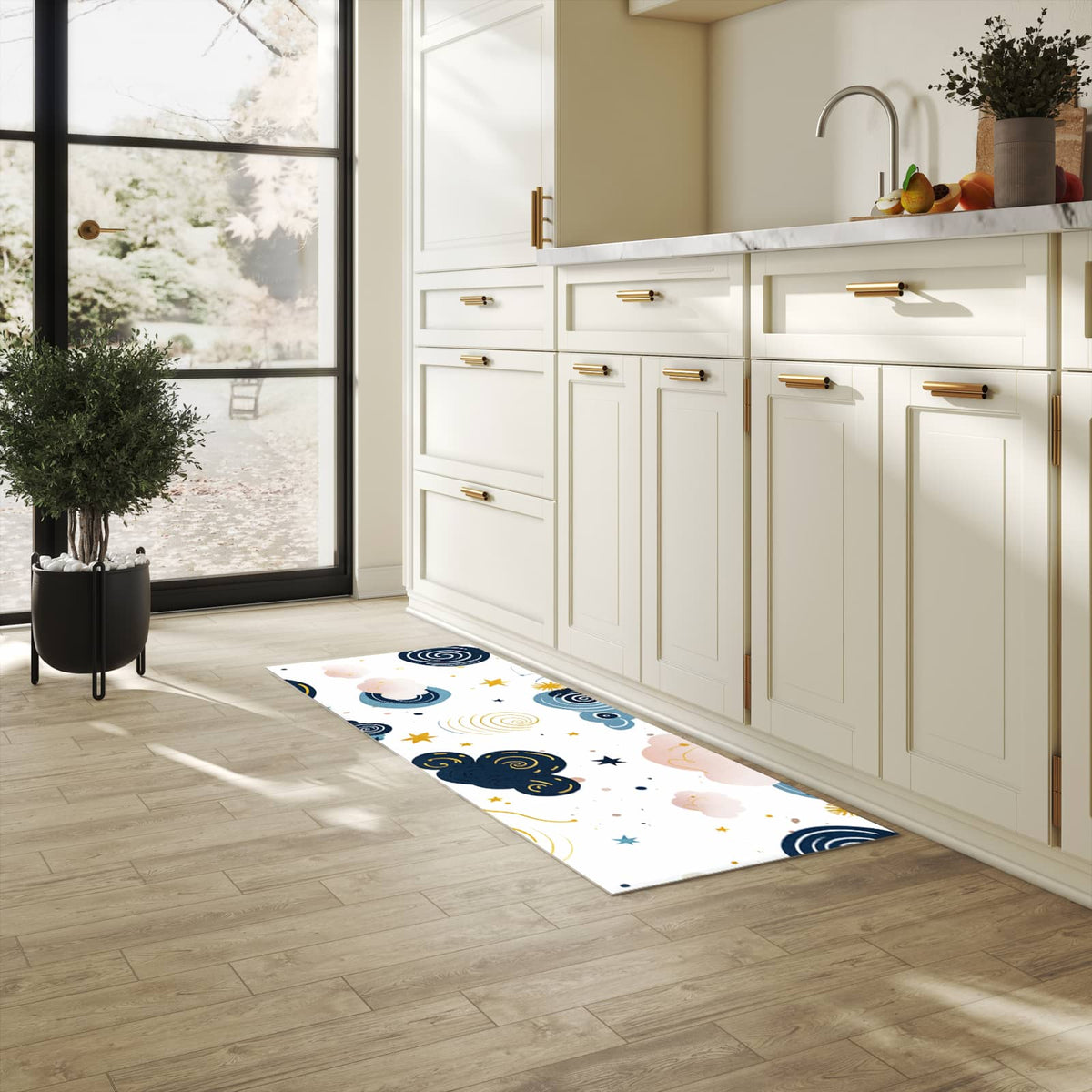 Formstabiler rutschfester Küchenteppich mit Motiv Wirbelwolken Design in heller Küche