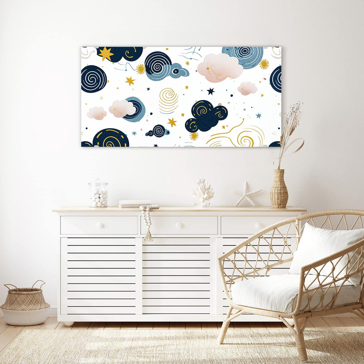 Echtglas, 4 mm – kein Acryl, keine Folie – Wandbild - Blaue Wolken und Sterne - Querformat