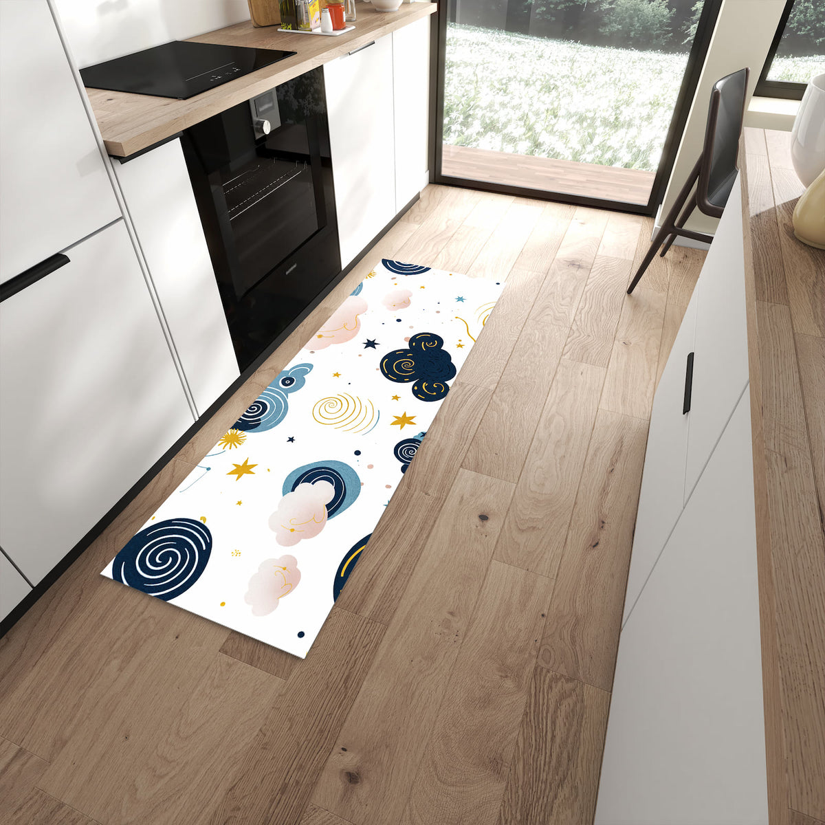 Geruchsneutraler Küchenteppich mit Motiv Wirbelwolken Design in moderner Küche