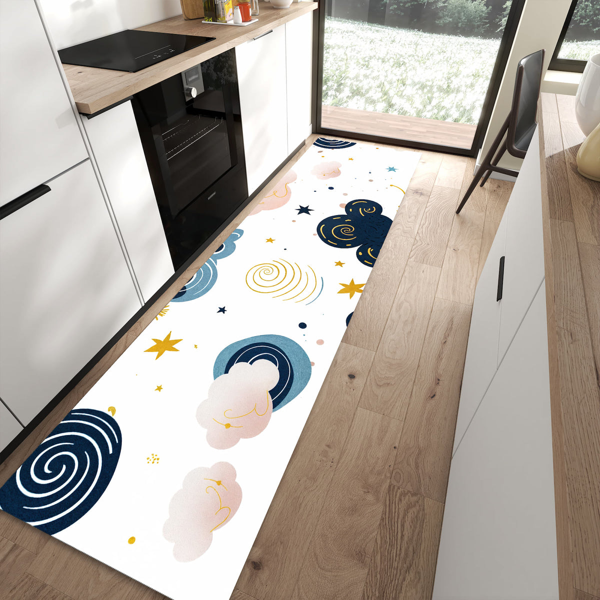 Hygienischer Läufer für die Küche mit Motiv Wirbelwolken Design in moderner Küche