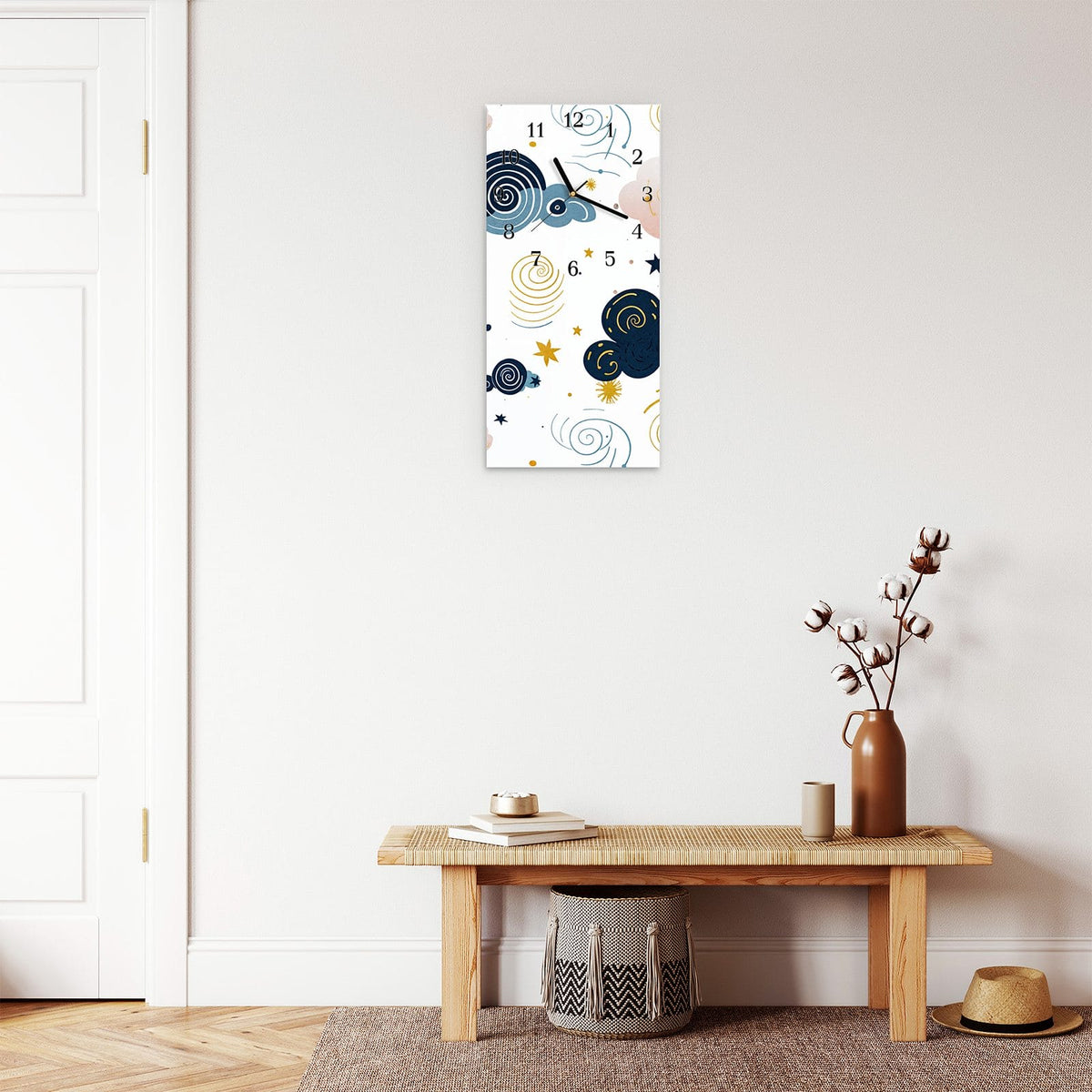 Moderne Wanduhr aus Glas mit Farbtiefe – Wanduhr Wirbelwolken Design aus Glas – Hochformat 30 × 60 cm