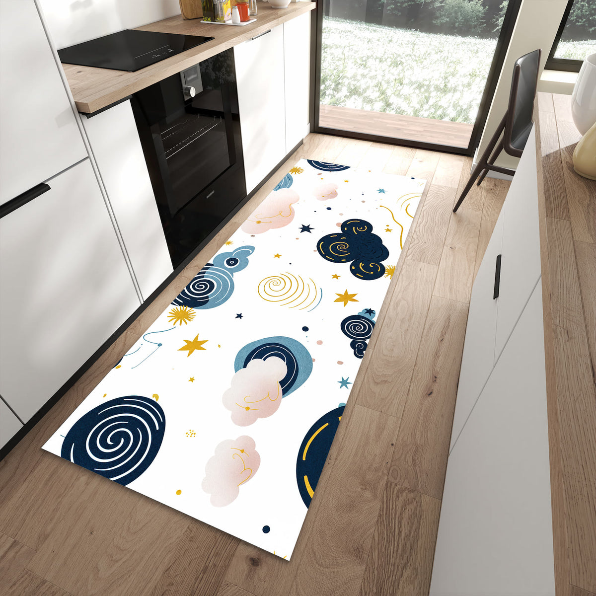 Waschbarer Küchenteppich mit Motiv Wirbelwolken Design in moderner Küche