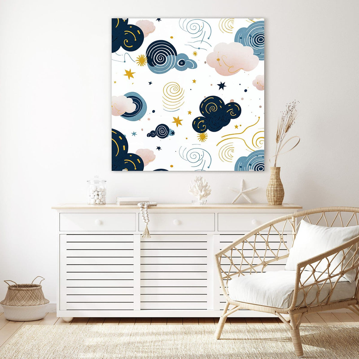 Echtglas, 4 mm – kein Acryl, keine Folie – Wandbild - Blaue Wolken und Sterne - Quadratisch
