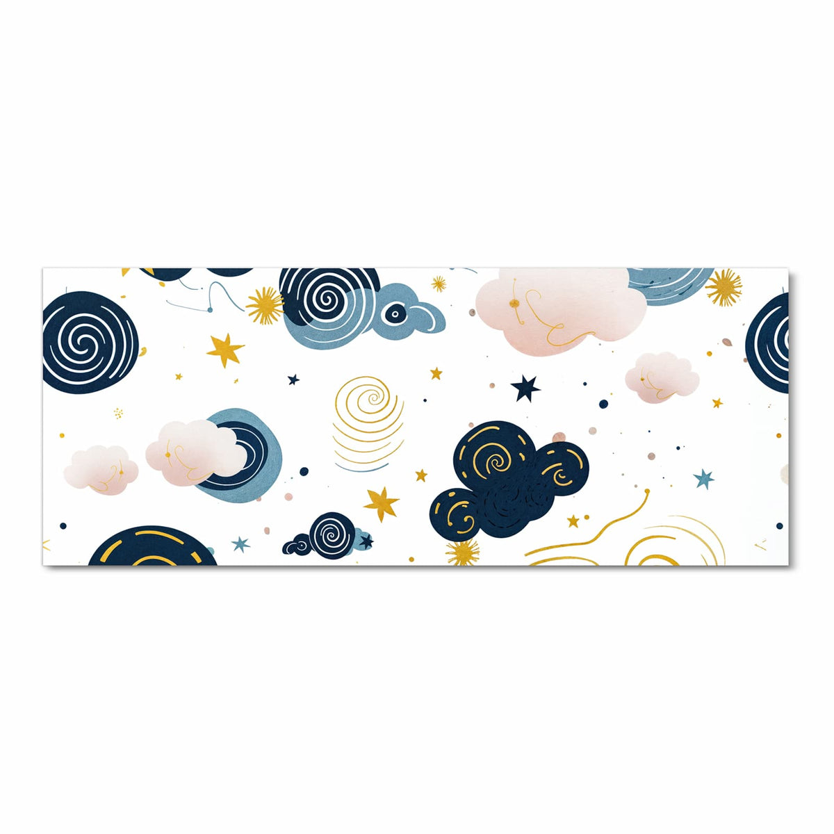 Dunkelblaue und rosa Wolken mit Spiralen, gelben Sternen und Punkten auf Weiß