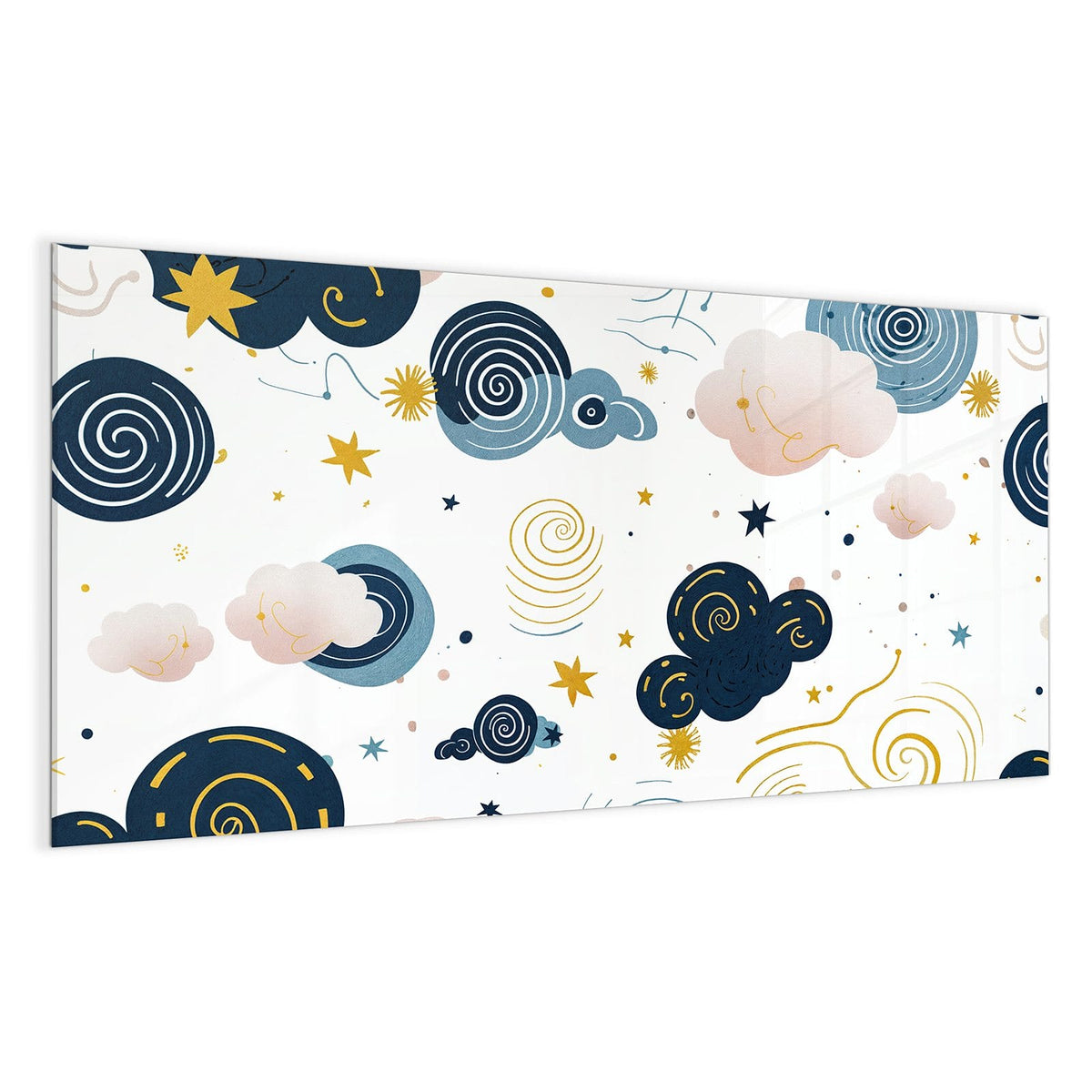 Dunkelblaue und rosa Wolken mit Spiralen, gelben Sternen und Punkten auf Weiß