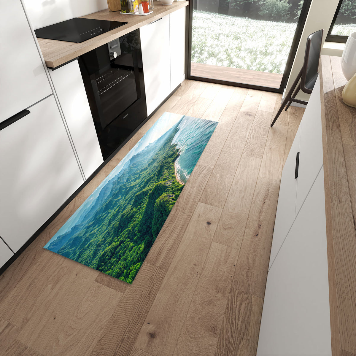Waschbarer Küchenläufer mit Motiv Küstenlandschaft für Ordnung in moderner Küche