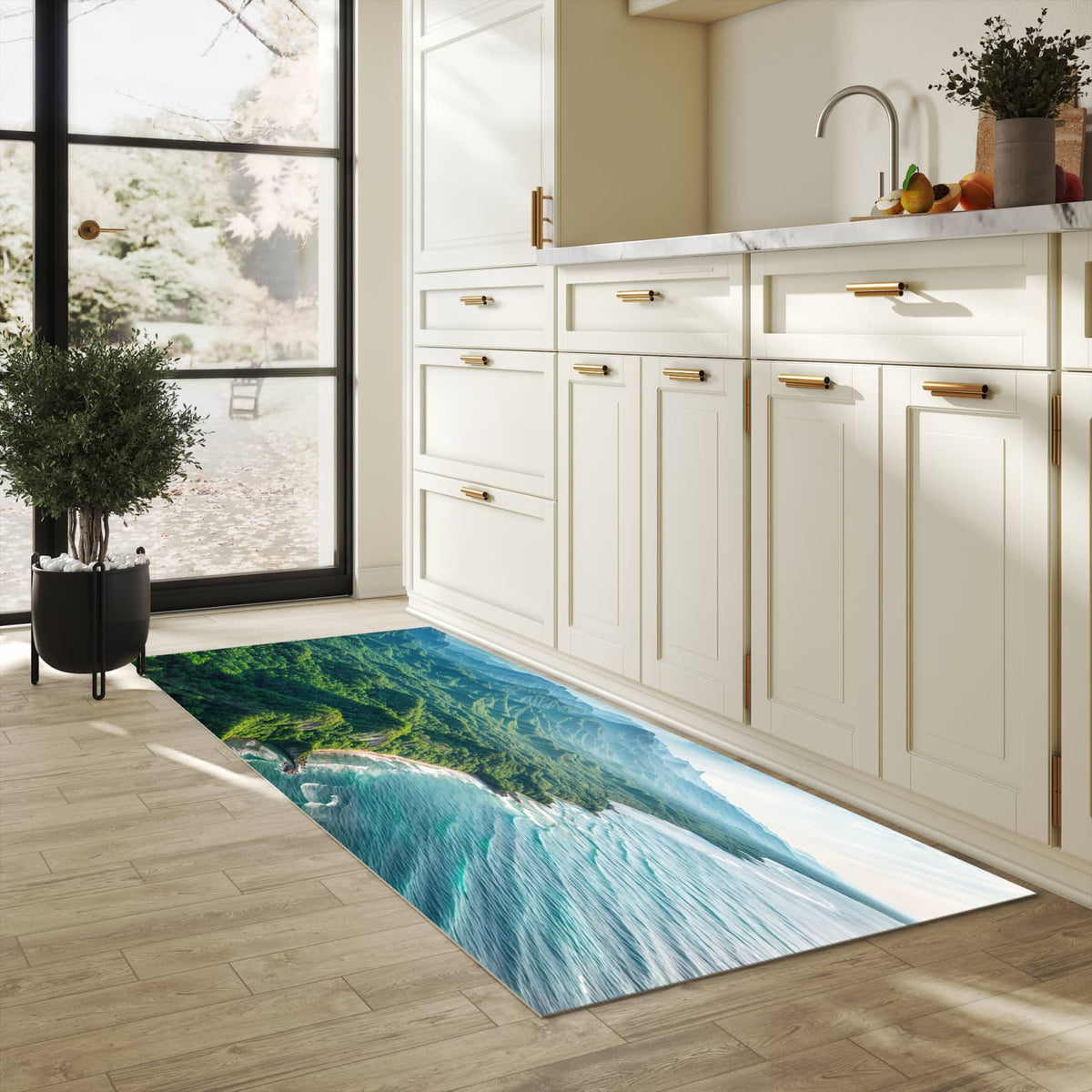 Küchenteppich mit Motiv Küstenlandschaft für Ordnung & Übersicht in heller Küche