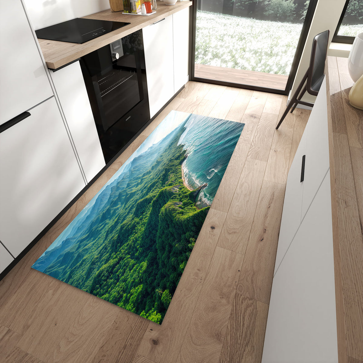 Zeitsparender rutschfester Küchenläufer mit Motiv Küstenlandschaft in moderner Küche