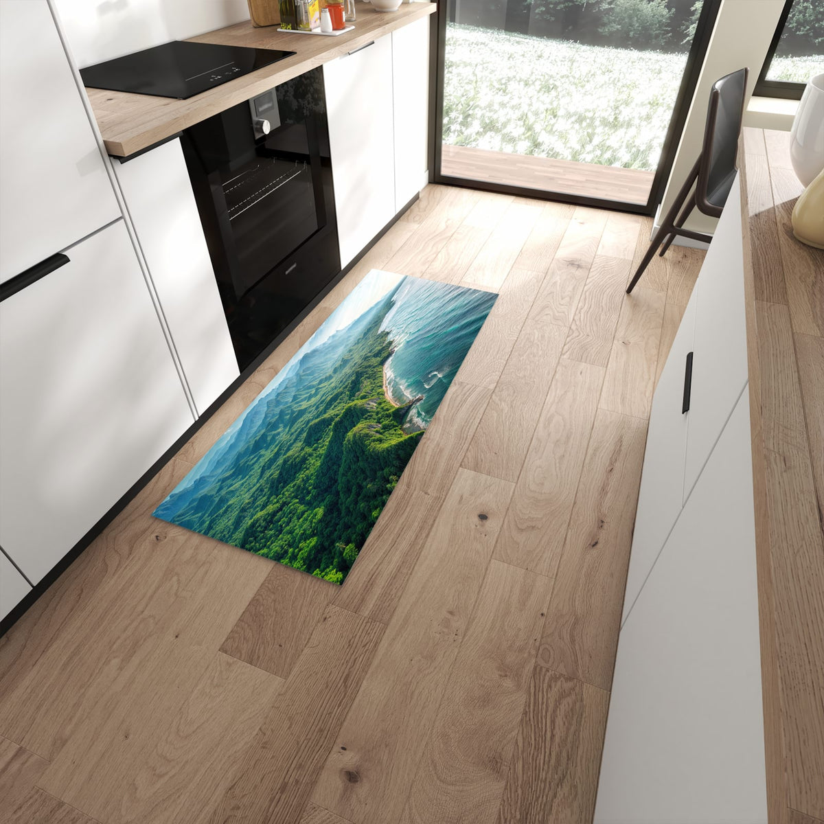 Bodenschonender Küchenläufer mit Motiv Küstenlandschaft in moderner Küche #grösse_60 x 150 cm