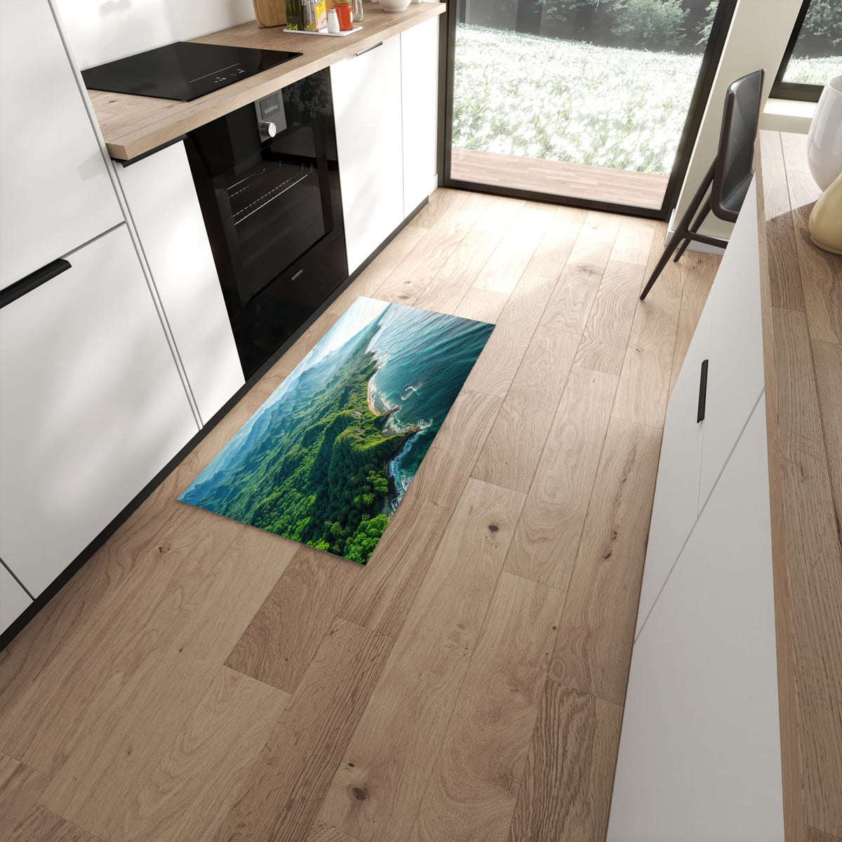 Feuchtigkeitsresistenter Küchenläufer mit Motiv Küstenlandschaft in moderner Küche #grösse_60 x 120 cm