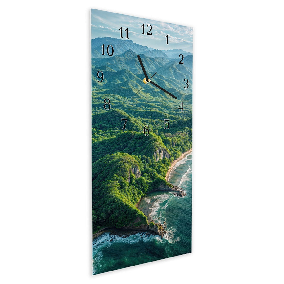Vormontiert – mit Schwebeeffekt – Wanduhr Küstenlandschaft aus Glas – Hochformat 30 × 60 cm