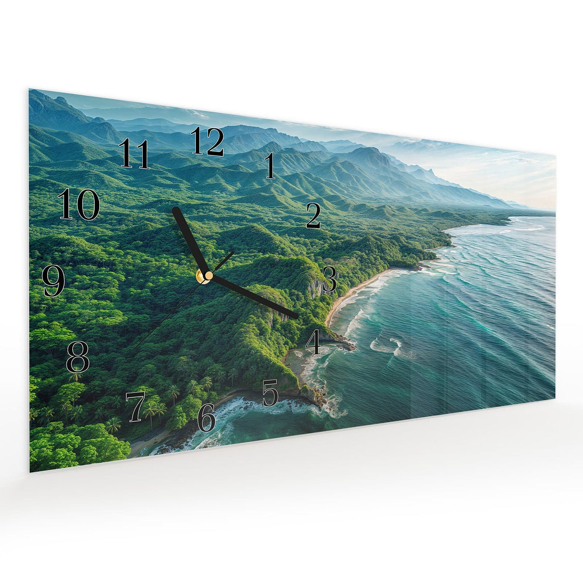 Vormontiert – mit Schwebeeffekt – Wanduhr Küstenlandschaft aus Glas – Querformat 60 × 30 cm