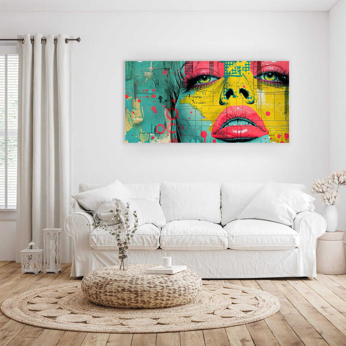 Wandbild - Gesicht in Gelb und Pink - Querformat – Gelbes Pop-Art-Gesicht mit pinken Lippen