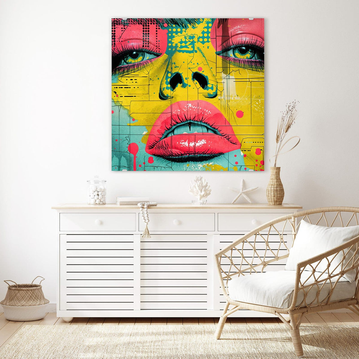 Echtglas, 4 mm – kein Acryl, keine Folie – Wandbild - Gesicht in Gelb und Pink - Quadratisch