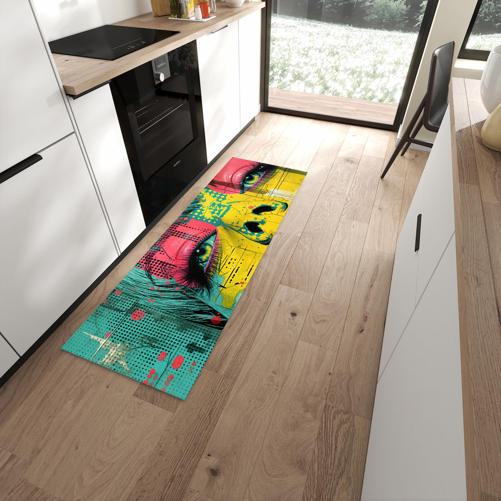 Rutschfester Küchenteppich mit Motiv Portrait Pop Art in moderner Küche