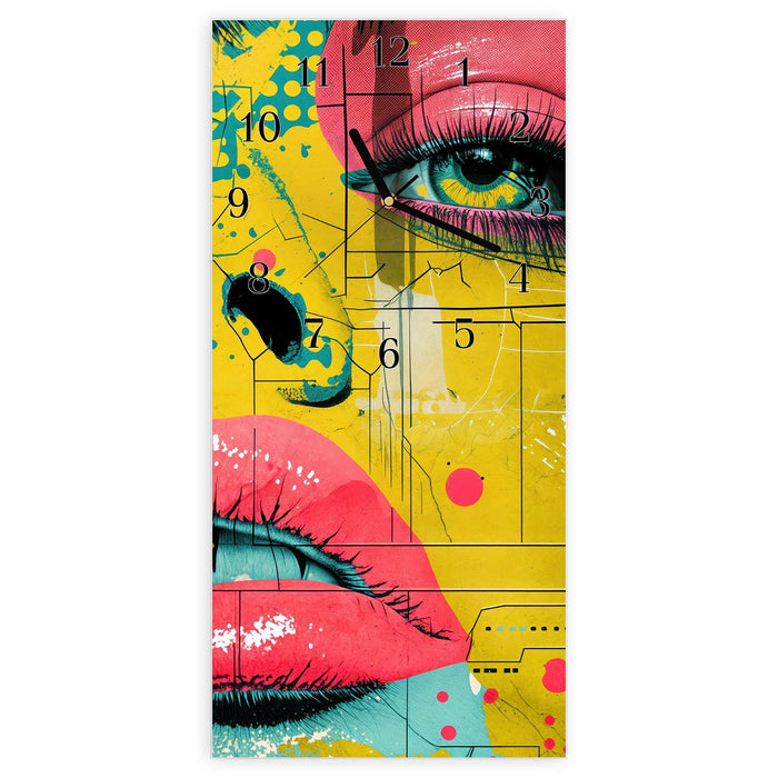 Wanduhr Portrait Pop Art aus Glas – Hochformat 30 × 60 cm mit Ziffernblatt Klassisch