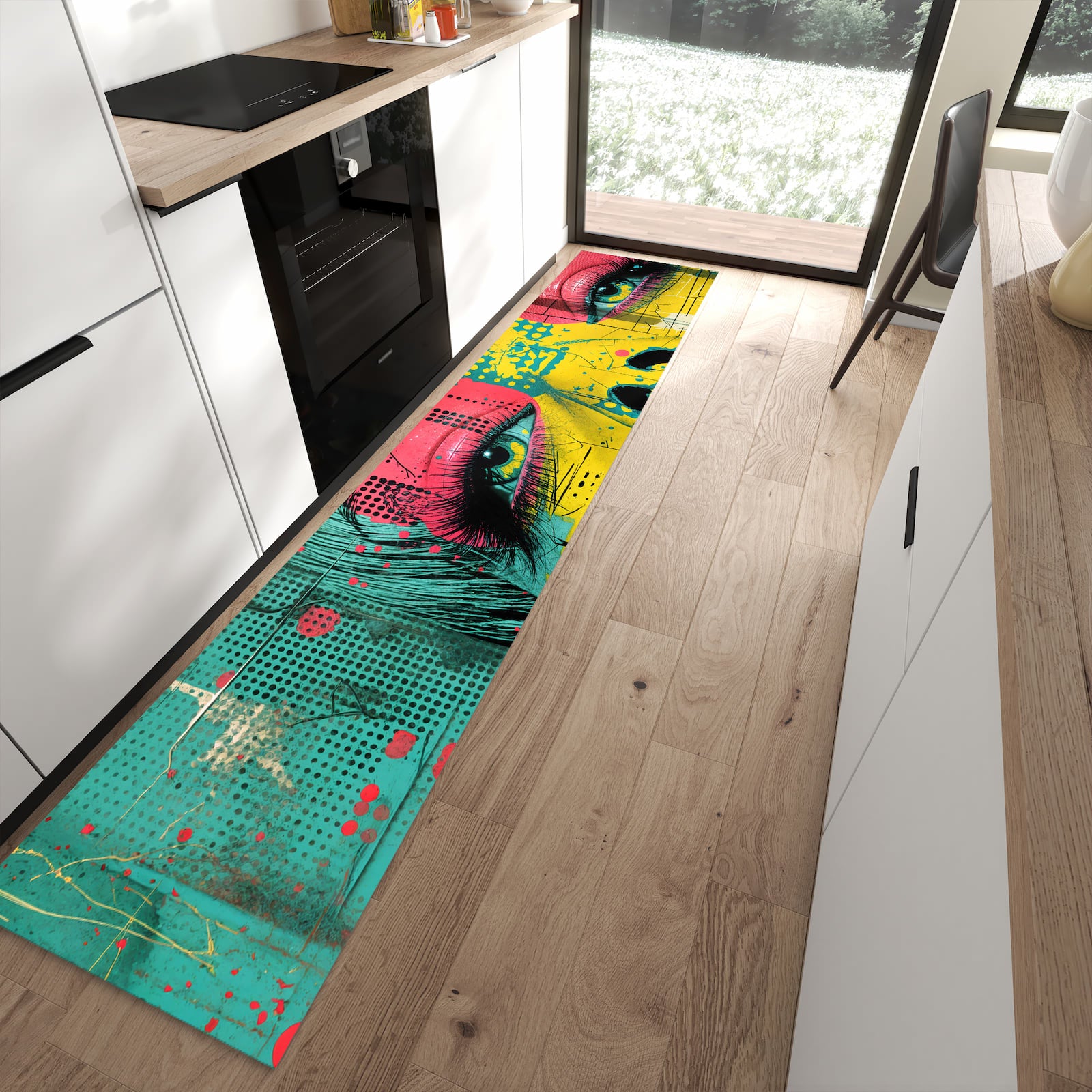 Hygienischer rutschfester Küchenteppich mit Motiv Portrait Pop Art in moderner Küche