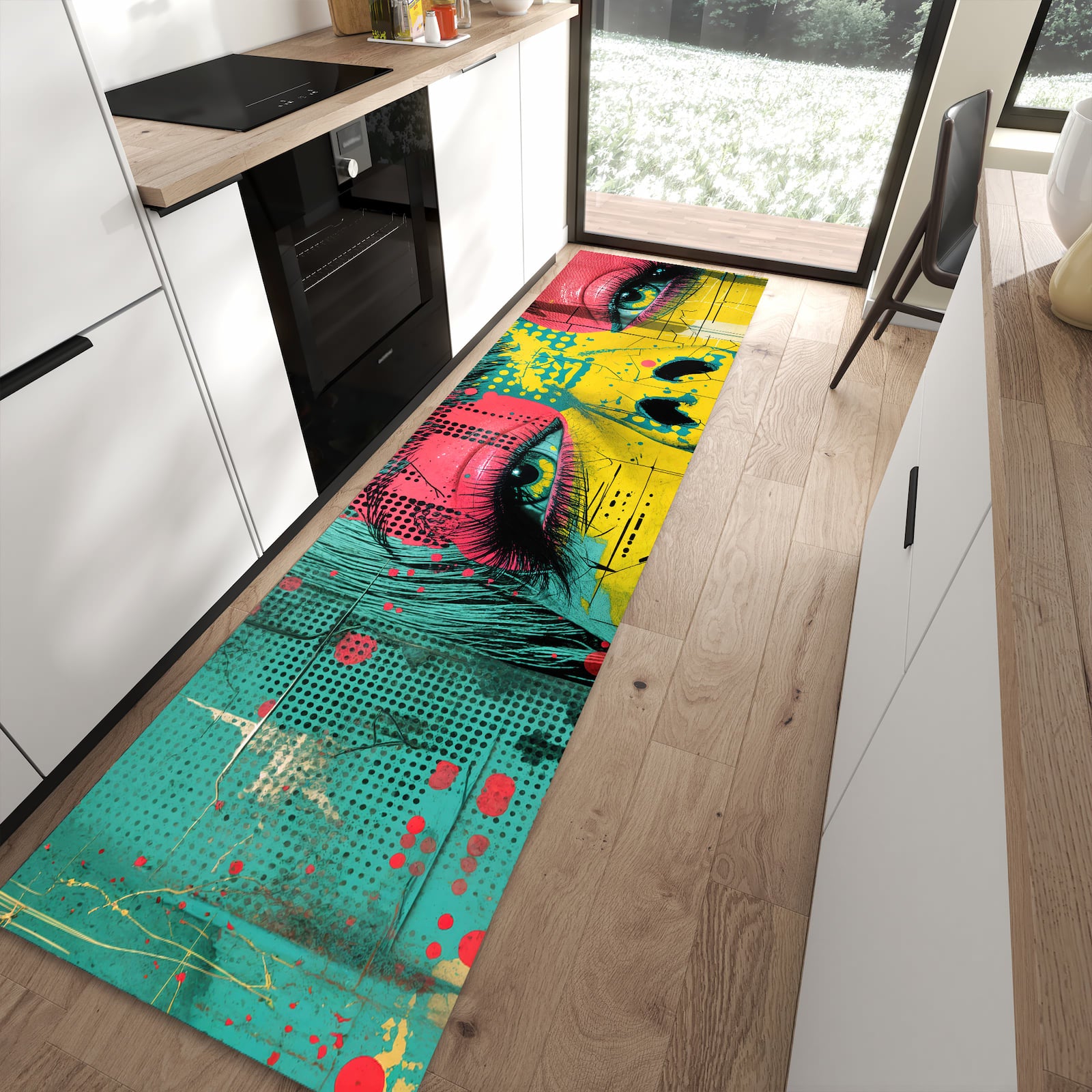 Feuchtigkeitsresistenter Küchenteppich mit Motiv Portrait Pop Art in moderner Küche