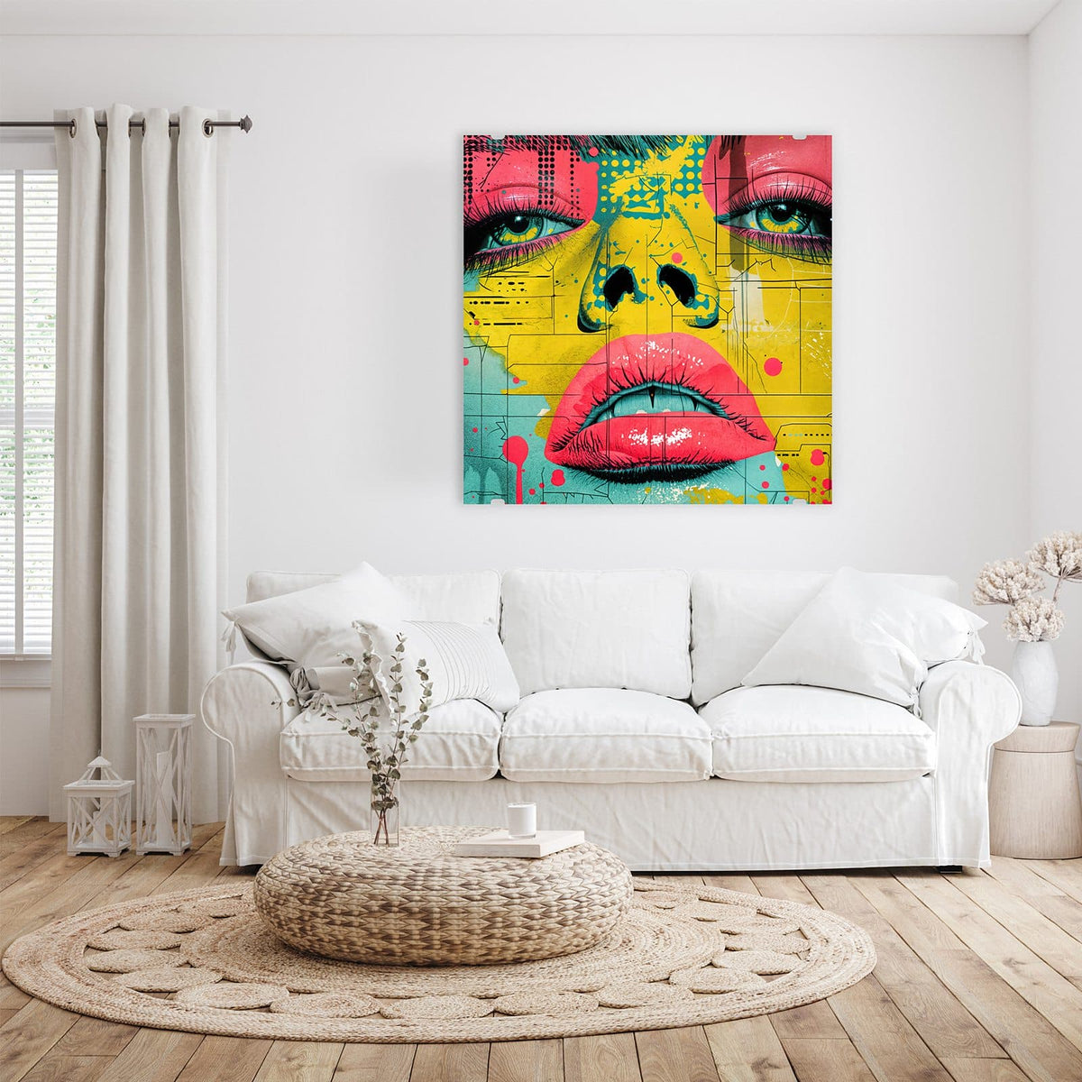 Pop-Art-Gesicht in Gelb mit pinken Lippen, pinken Lidern und türkisen Flächen