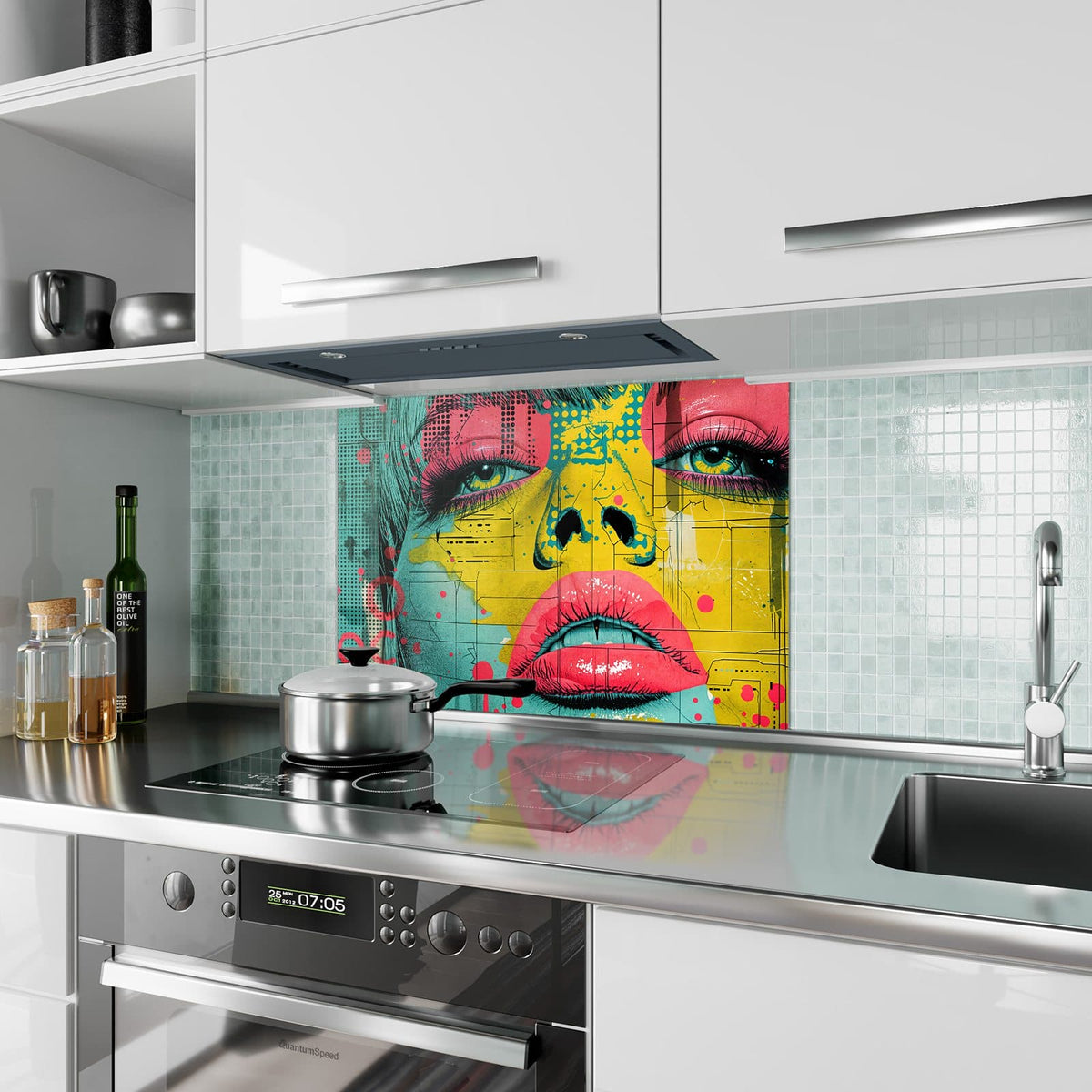 Küchenrückwand aus Glas Gesicht in Gelb und Pink im Hochformat als Spritzschutz hinter dem Kochfeld, über dem Fliesenspiegel montiert