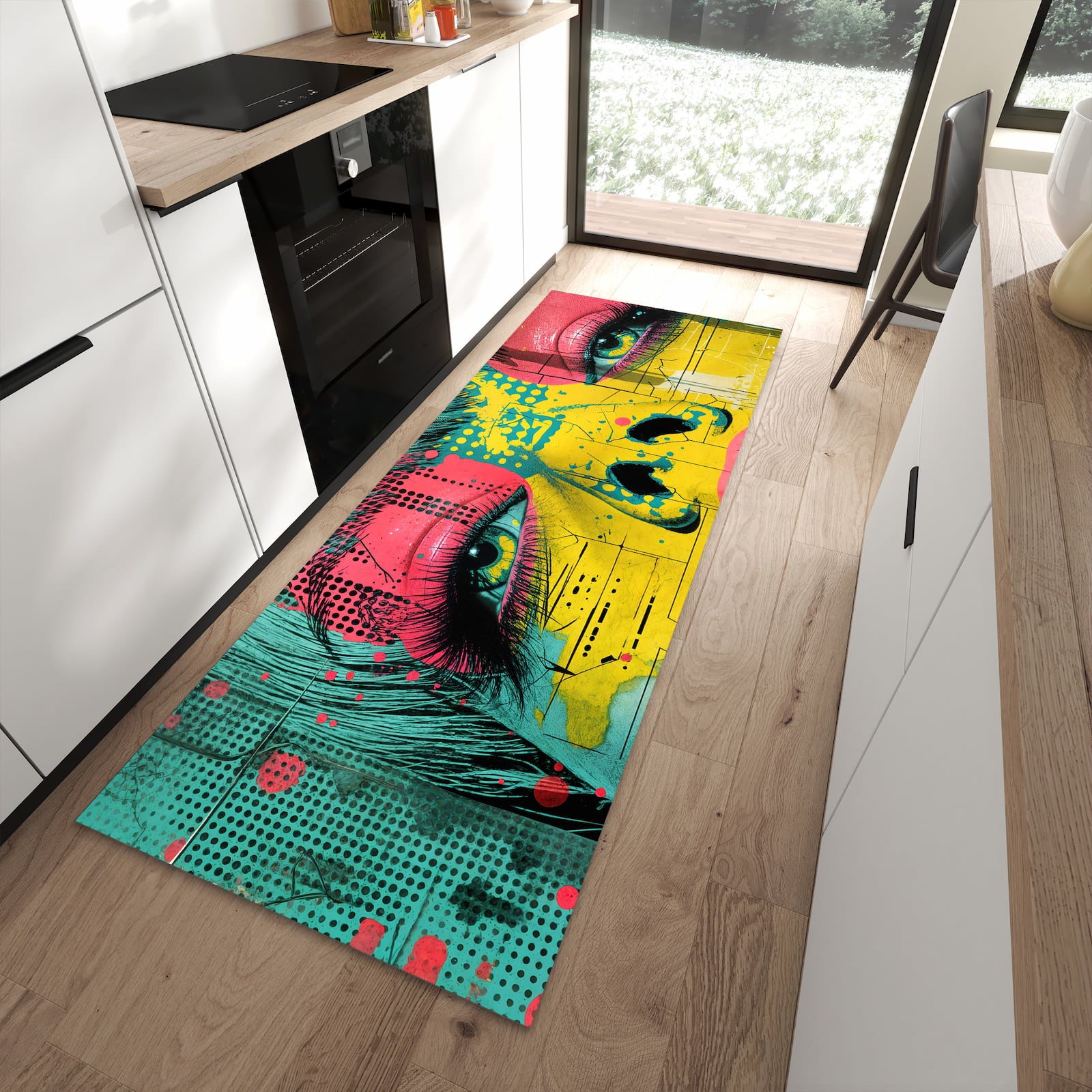Küchenteppich mit Motiv Portrait Pop Art für Ordnung in moderner Küche