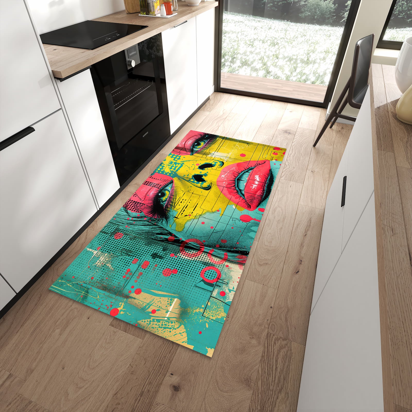 Bodenschonender Küchenteppich mit Motiv Portrait Pop Art in moderner Küche