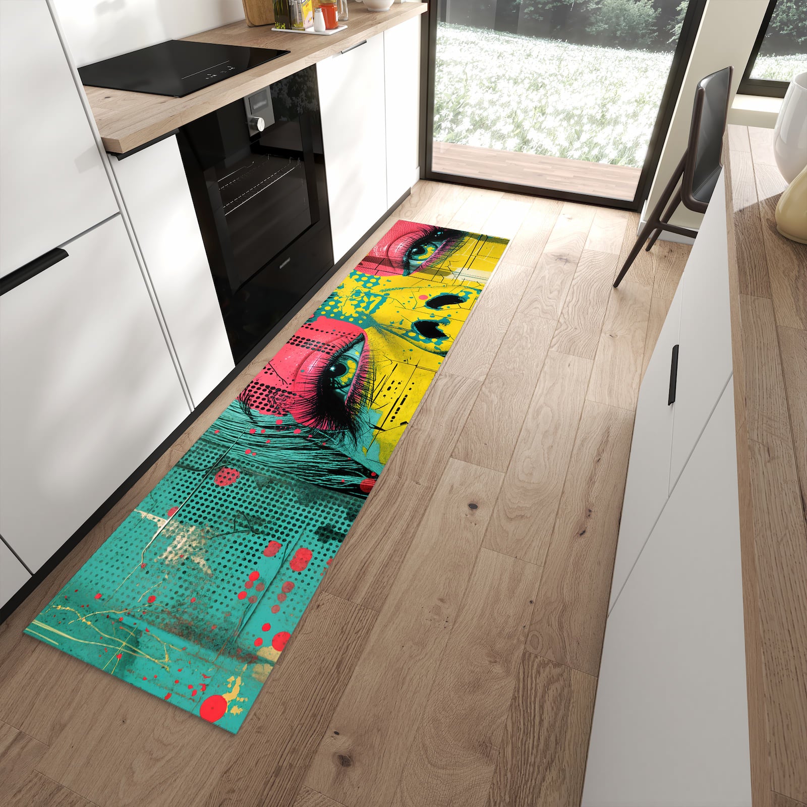 Waschbarer Küchenteppich mit Motiv Portrait Pop Art in moderner Küche