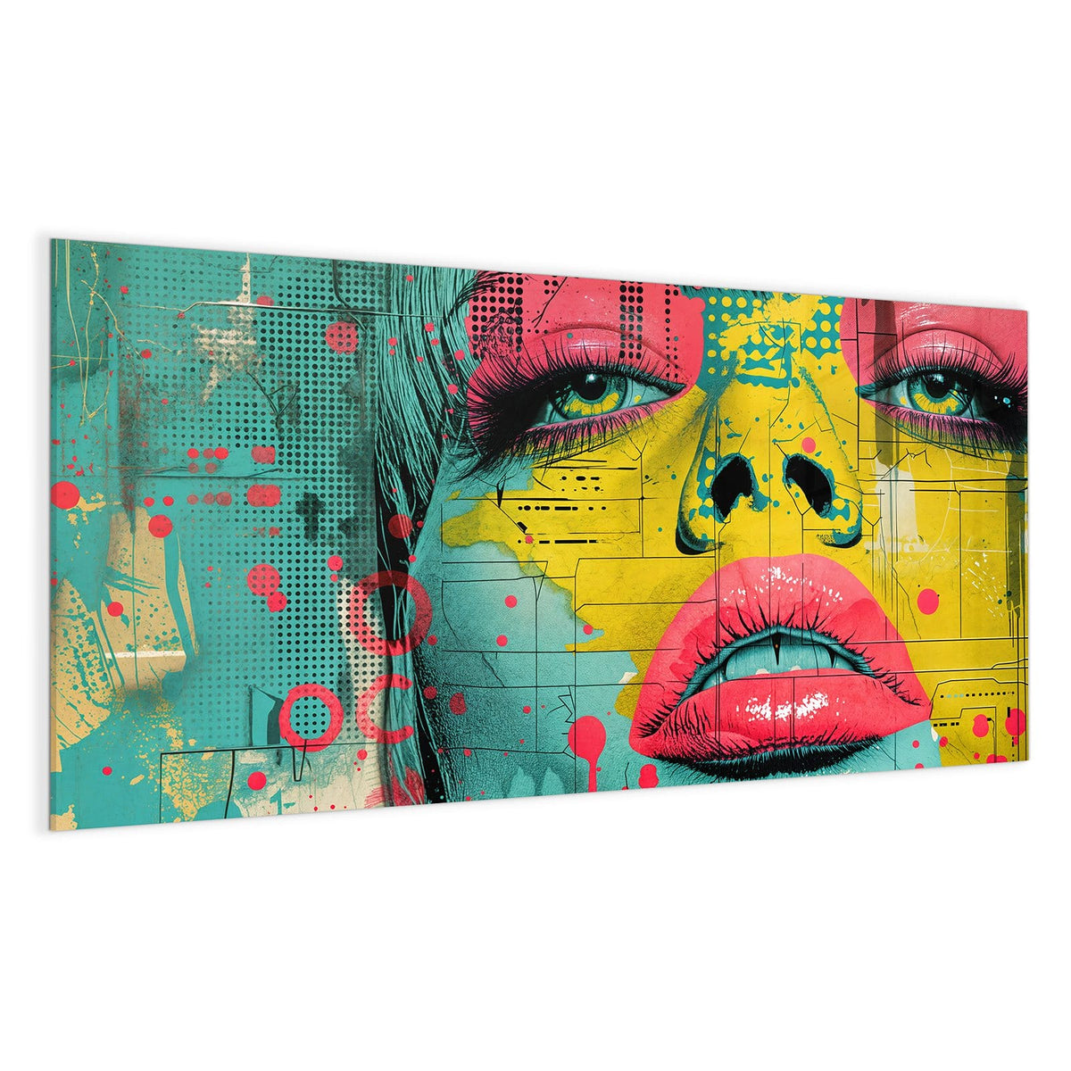 Pop-Art-Gesicht in Gelb mit pinken Lippen, pinken Lidern und türkisen Flächen