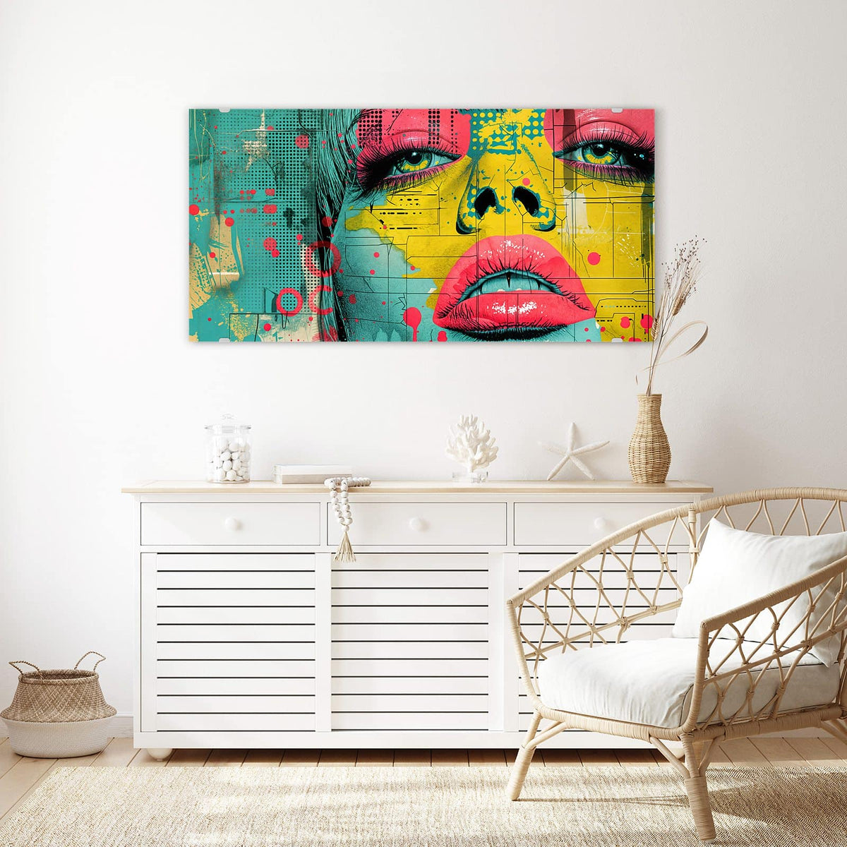 Echtglas, 4 mm – kein Acryl, keine Folie – Wandbild - Gesicht in Gelb und Pink - Querformat