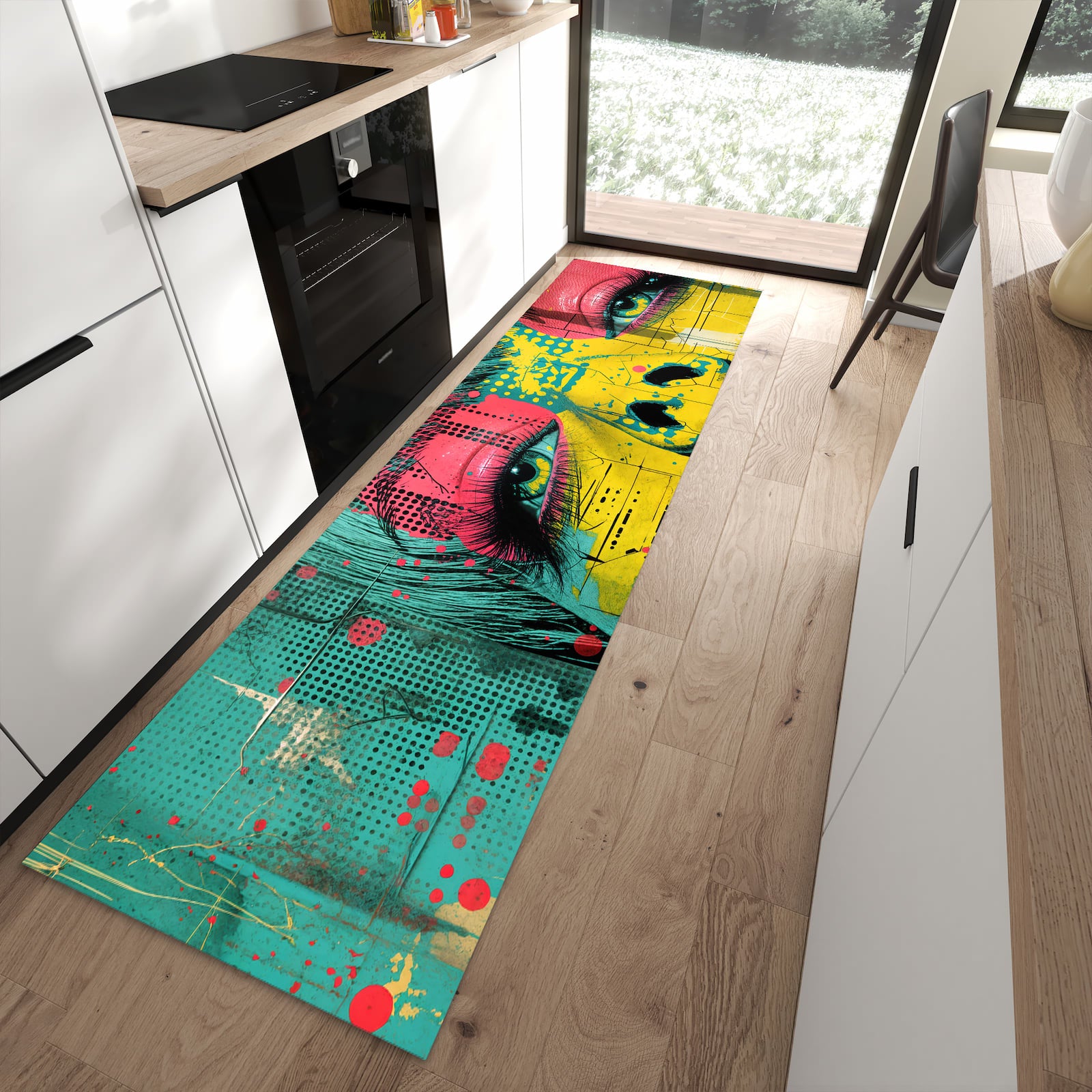 Rutschfester großer Küchenteppich mit Motiv Portrait Pop Art in moderner Küche