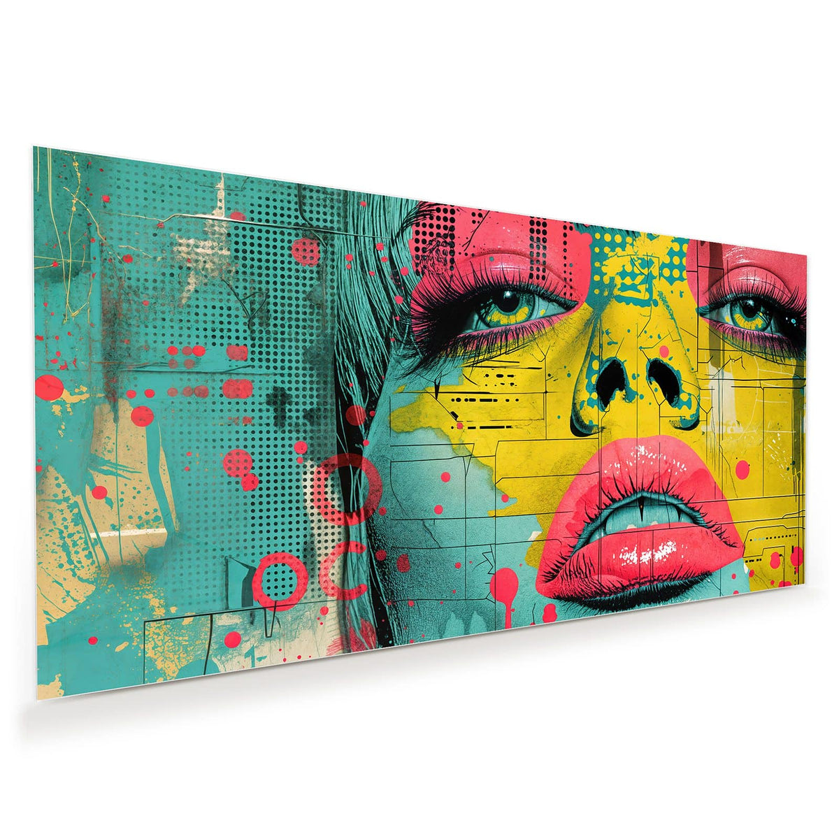 Pop-Art-Gesicht in Gelb mit pinken Lippen, pinken Lidern und türkisen Flächen
