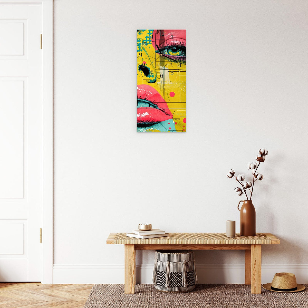 Moderne Wanduhr aus Glas mit Farbtiefe – Wanduhr Portrait Pop Art aus Glas – Hochformat 30 × 60 cm