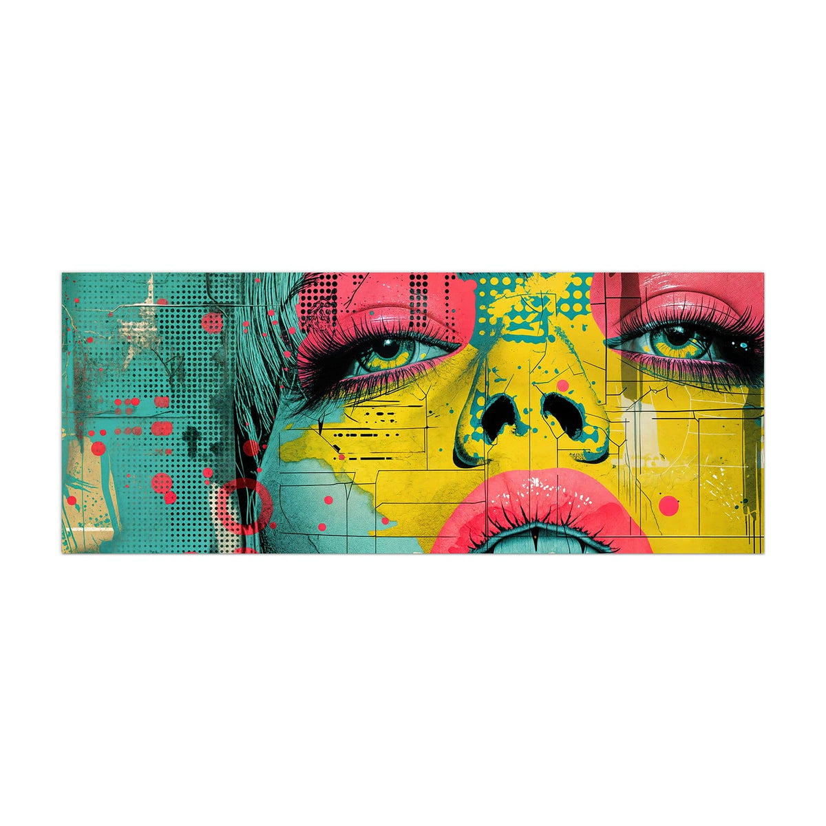Küchenrückwand aus Glas Gesicht in Gelb und Pink im Hochformat, Motiv bildfüllend von vorn