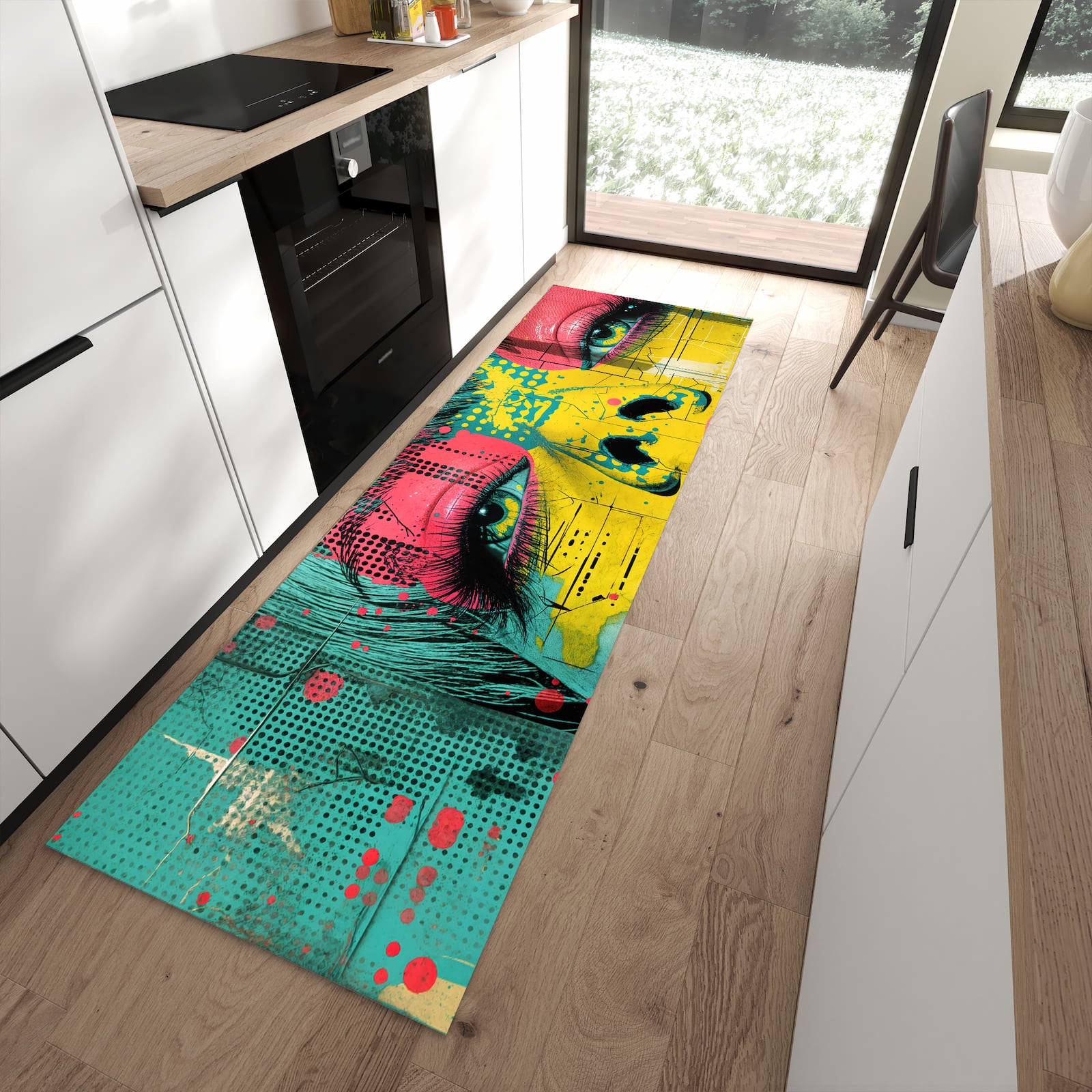 Langlebiger waschbarer Küchenteppich mit Motiv Portrait Pop Art in moderner Küche