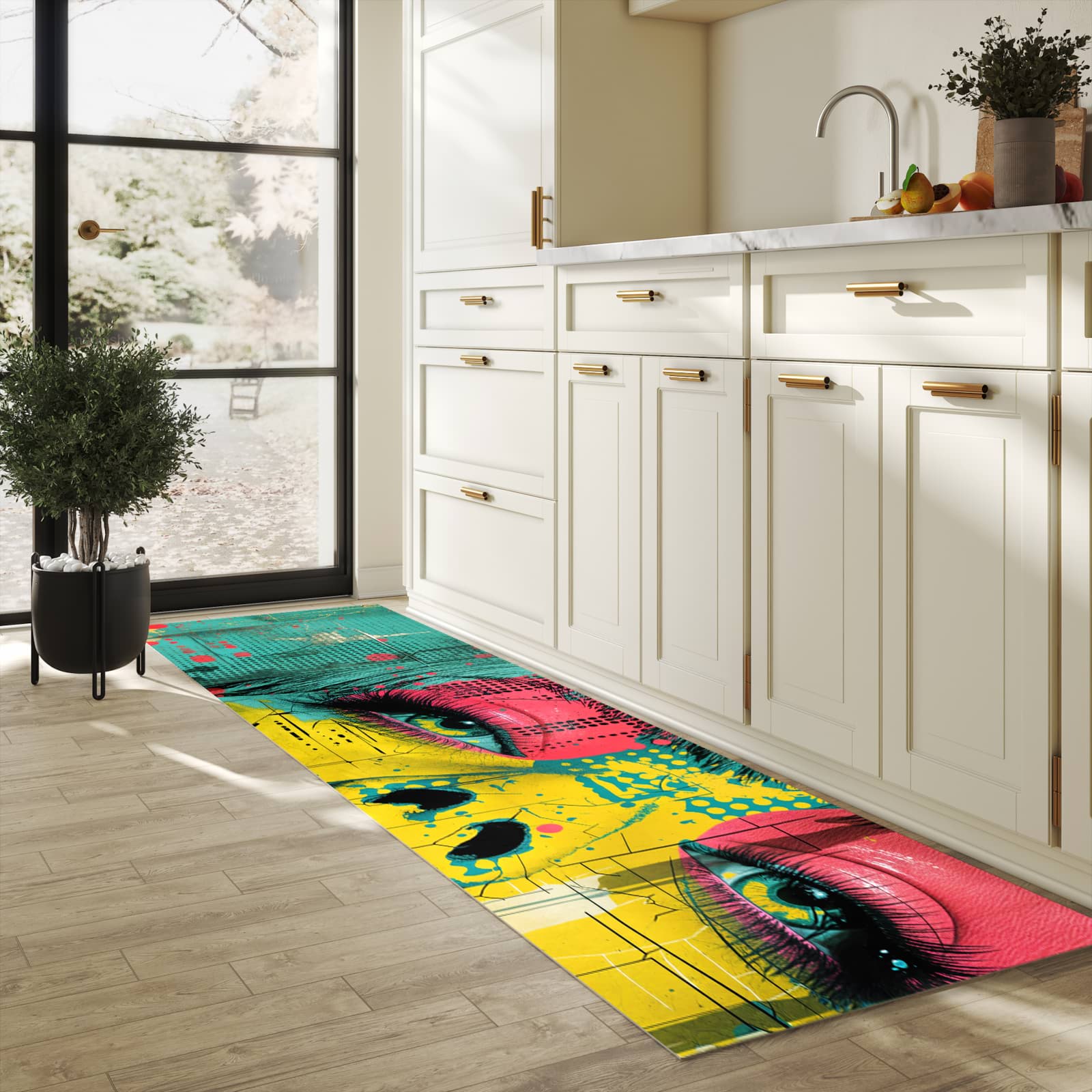 Küchenteppich mit Motiv Portrait Pop Art in heller Küche für sichere Aufbewahrung