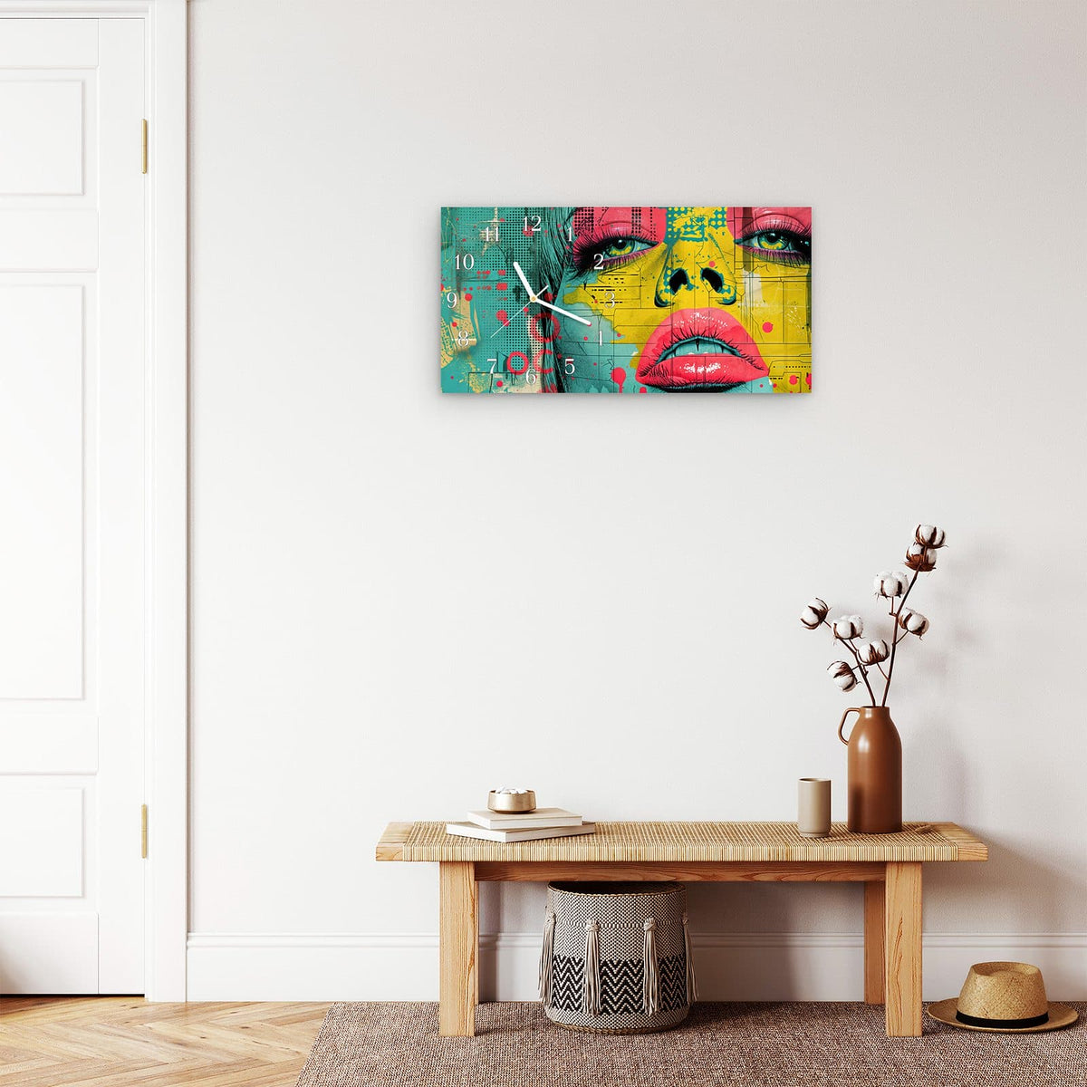 Moderne Wanduhr aus Glas mit Farbtiefe – Wanduhr Portrait Pop Art aus Glas – Querformat 60 × 30 cm