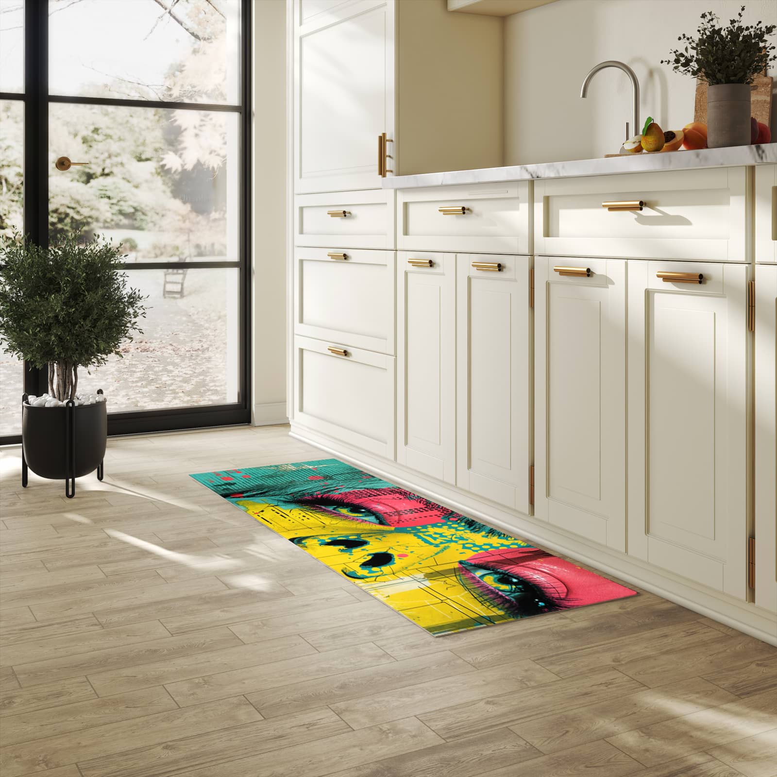 Langlebiger Küchenläufer mit Motiv Portrait Pop Art in heller Küche