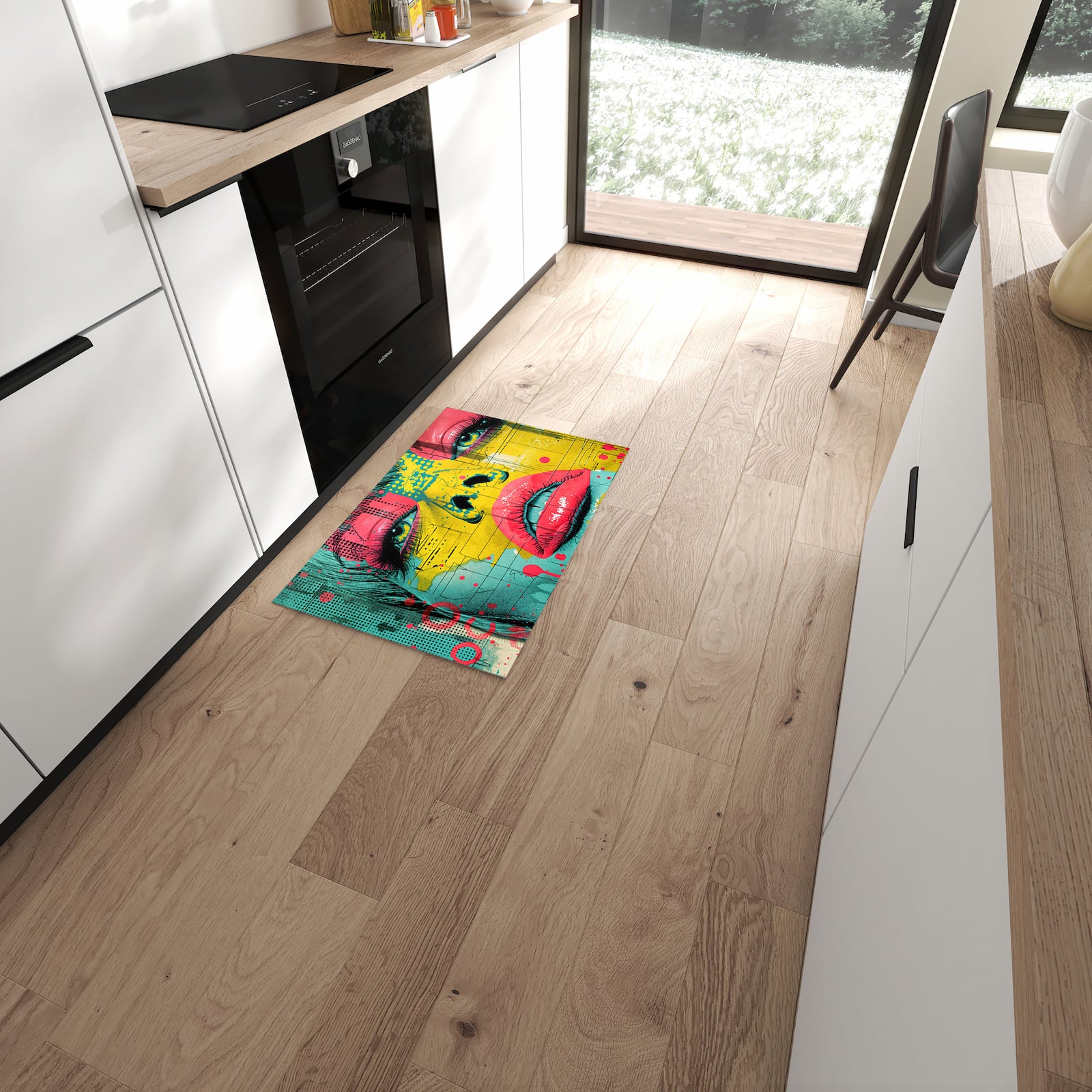 Strapazierfähiger Küchenteppich mit Motiv Portrait Pop Art in moderner Küche