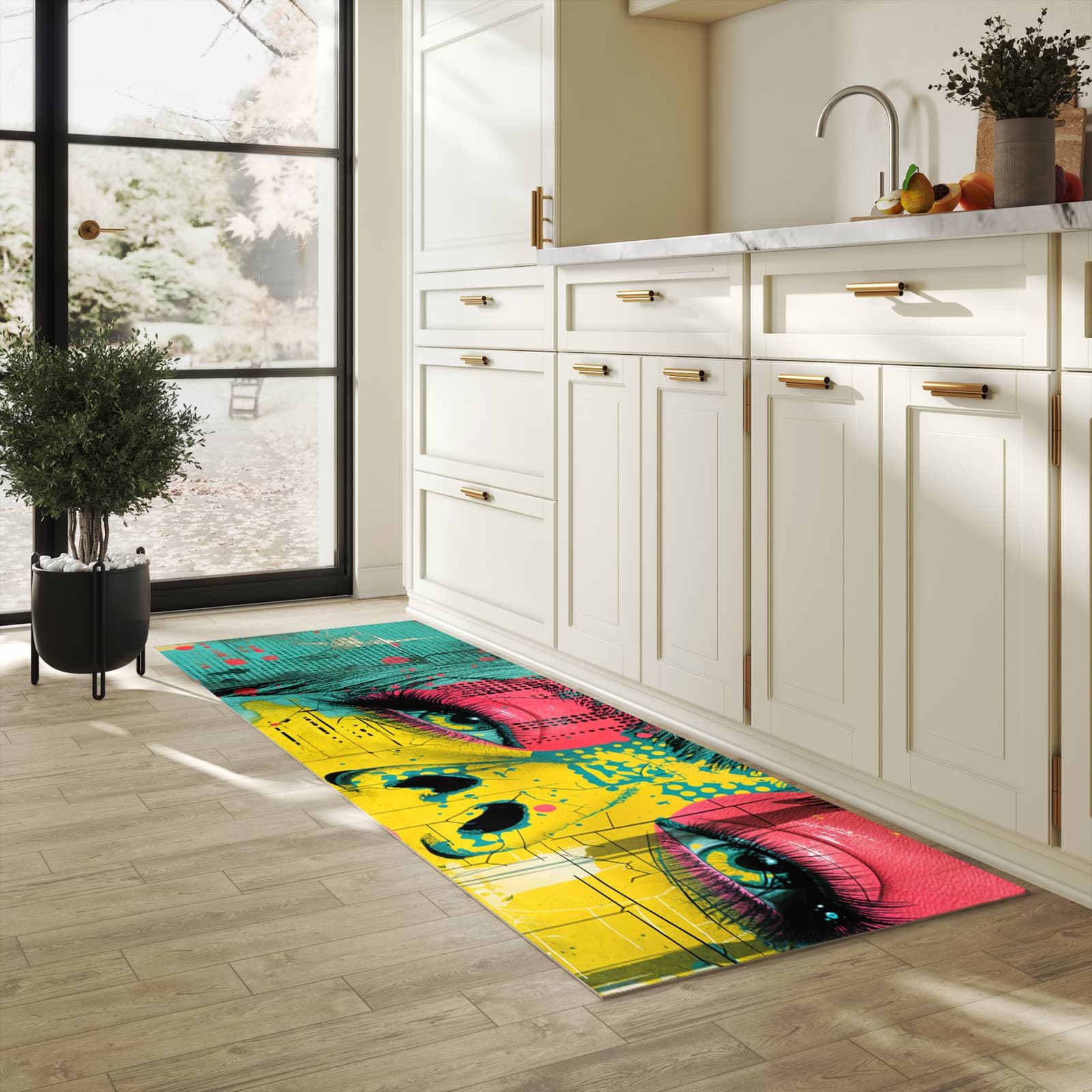 Farbbeständiger rutschfester Küchenteppich mit Motiv Portrait Pop Art in heller Küche
