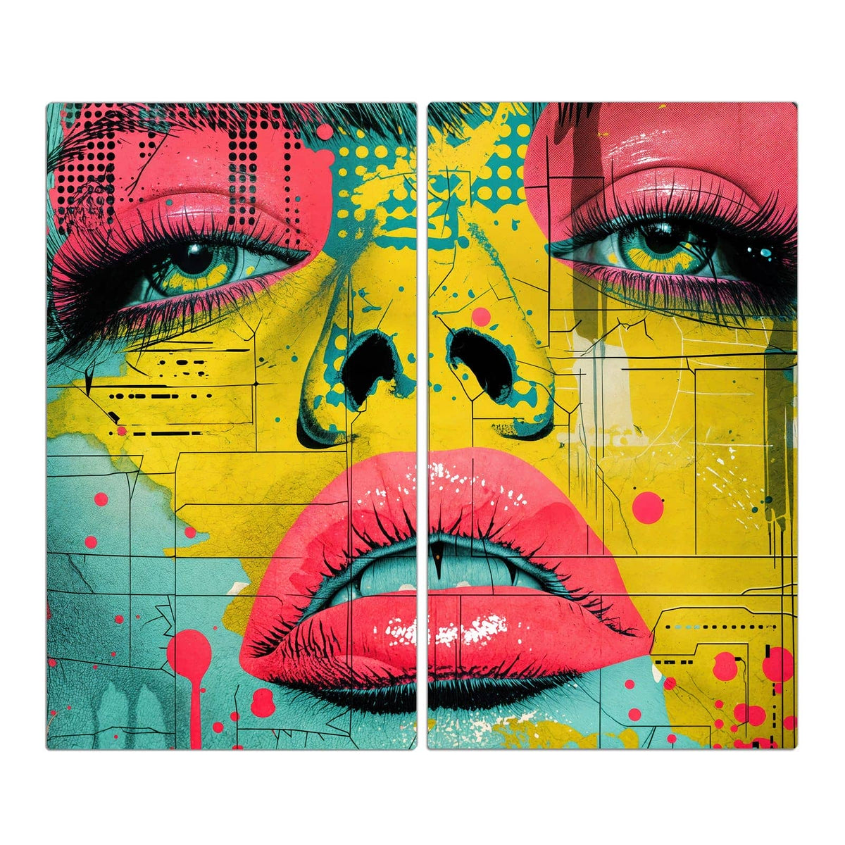 Pop-Art-Gesicht in Gelb mit pinken Lippen, pinken Lidern und türkisen Flächen