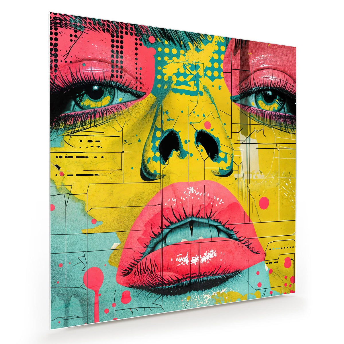 Pop-Art-Gesicht in Gelb mit pinken Lippen, pinken Lidern und türkisen Flächen