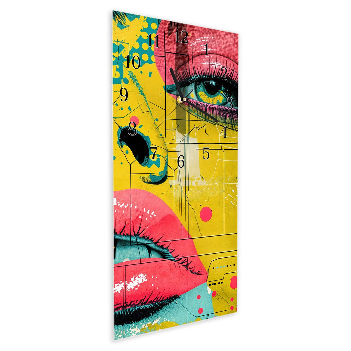 Vormontiert – mit Schwebeeffekt – Wanduhr Portrait Pop Art aus Glas – Hochformat 30 × 60 cm