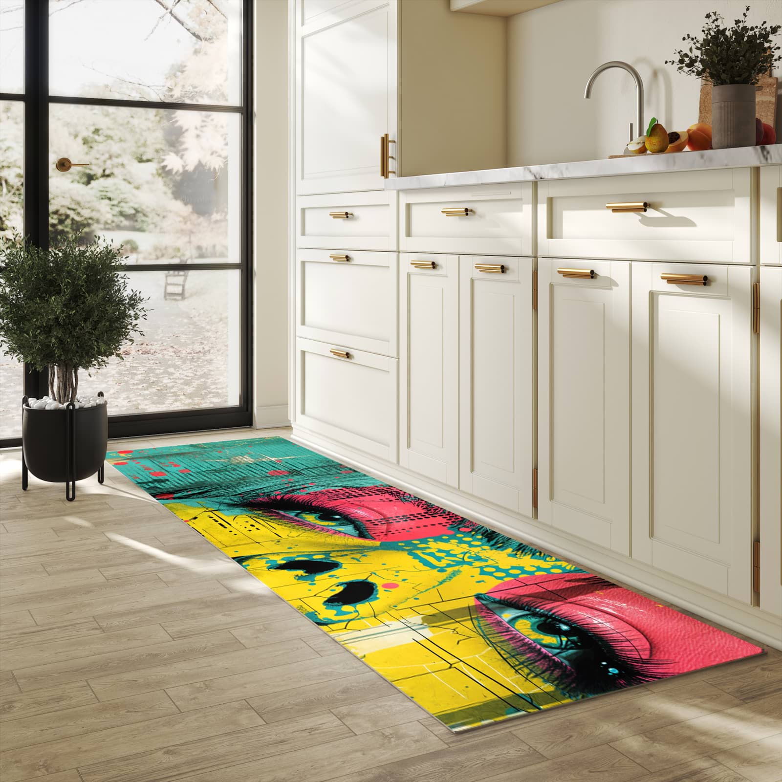 Formstabiler waschbarer Küchenteppich mit Motiv Portrait Pop Art in heller Küche