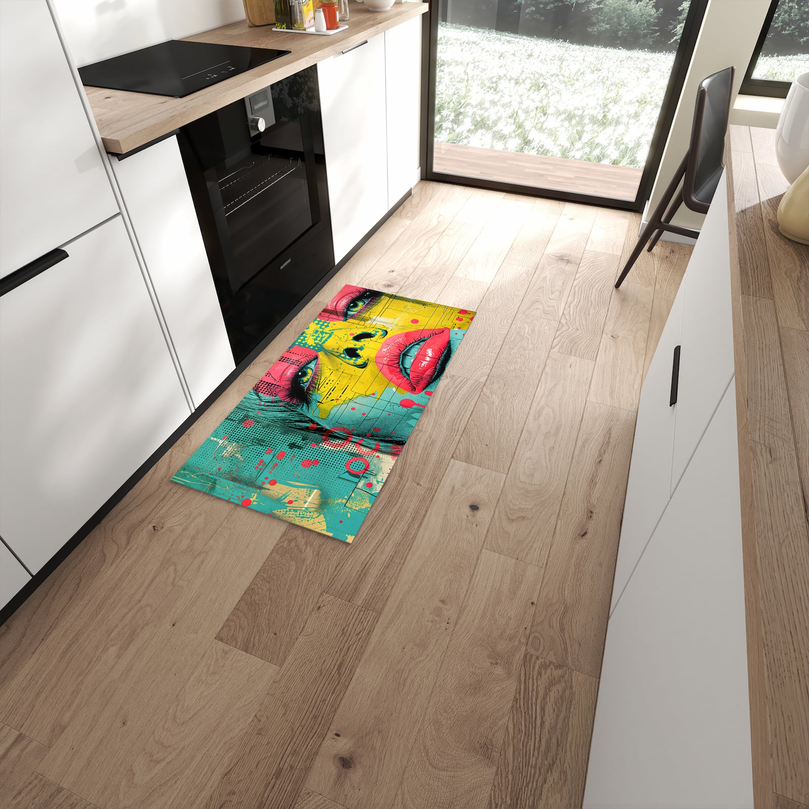 Langlebiger Küchenläufer mit Motiv Portrait Pop Art in moderner Küche #grösse_60 x 120 cm