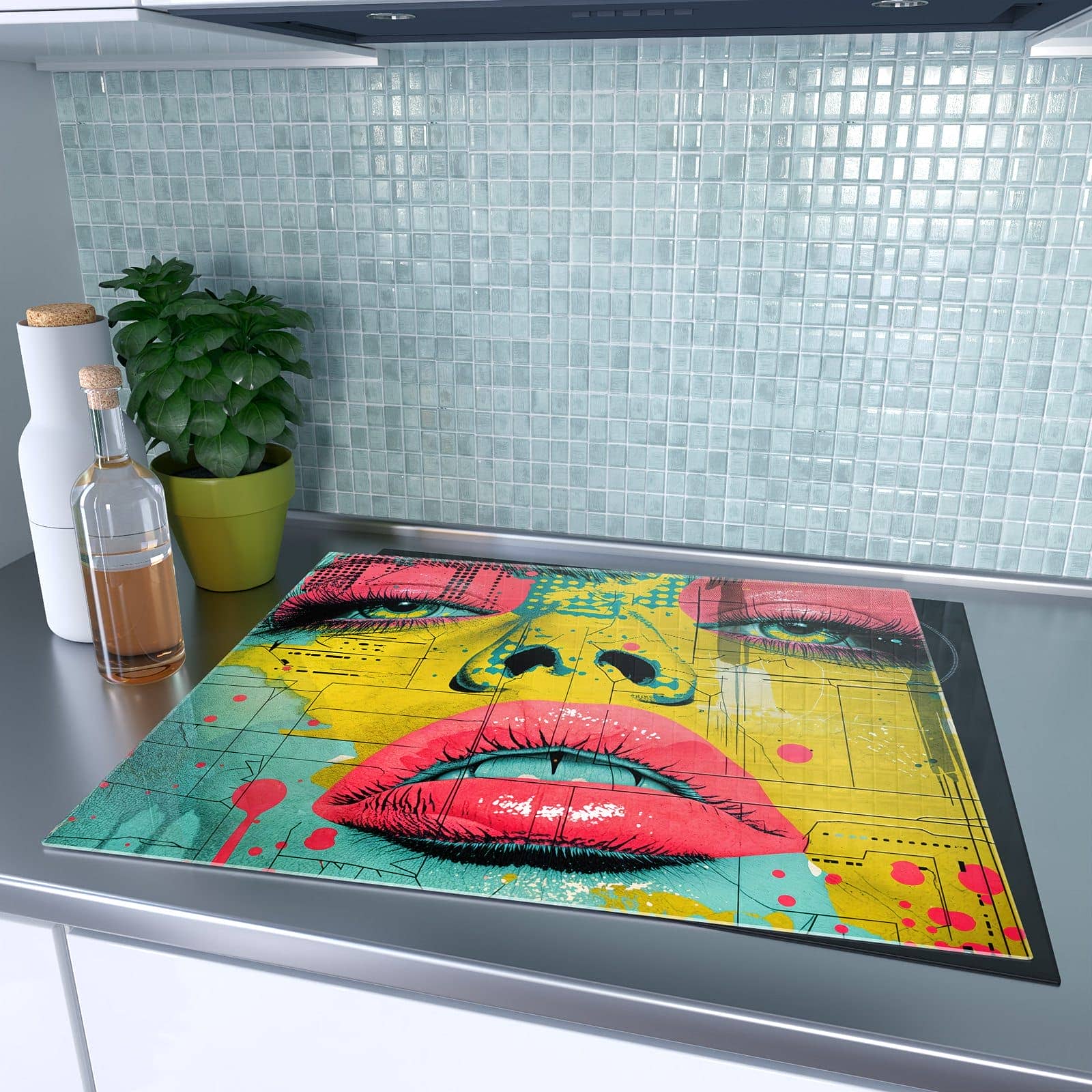 1-teilige Abdeckplatte für Induktionsherd mit Portrait Pop Art-Motiv auf dem Ceranfeld