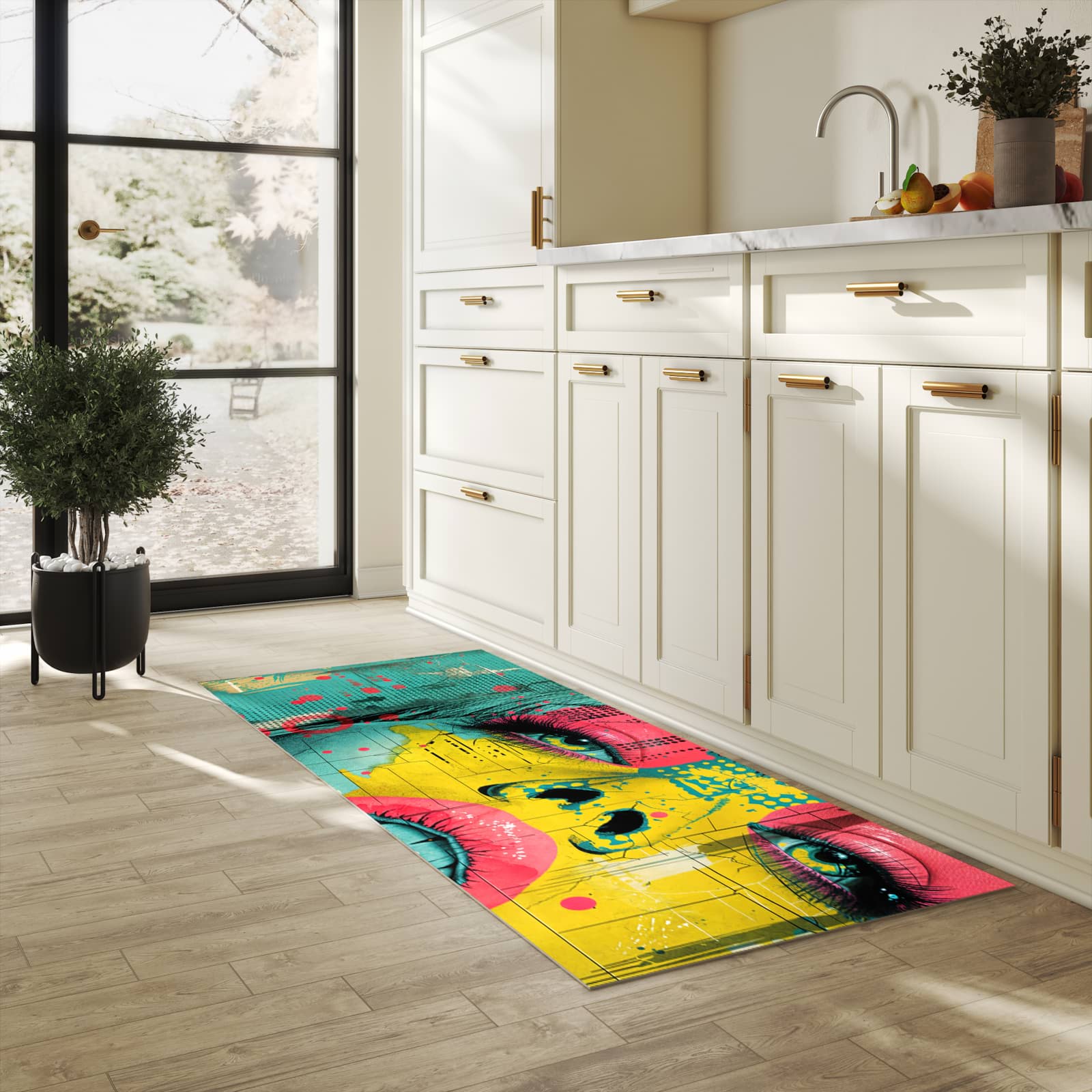 Bodenschonender großer Küchenteppich mit Motiv Portrait Pop Art in heller Küche