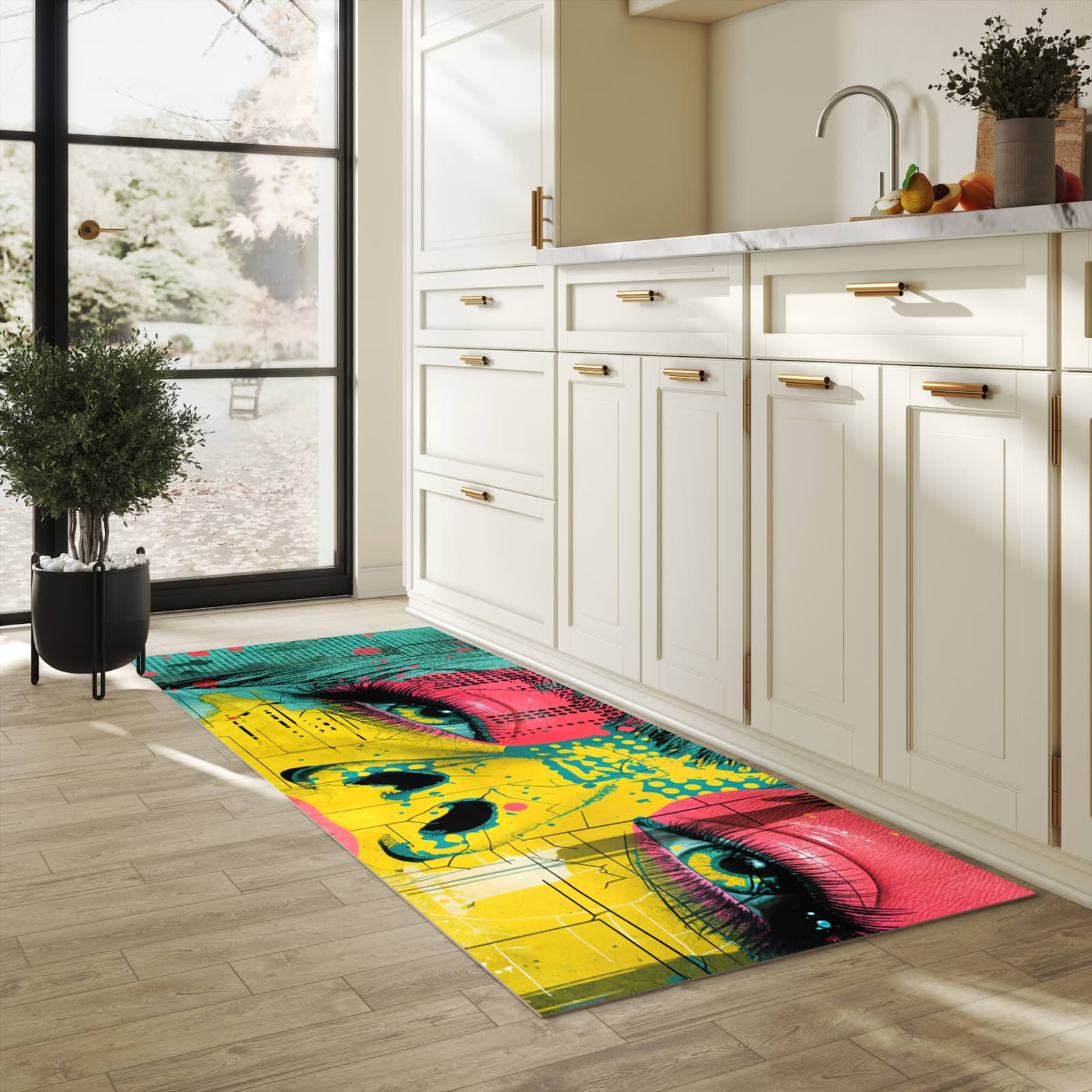 Geräuschdämpfender waschbarer Küchenläufer mit Motiv Portrait Pop Art in heller Küche