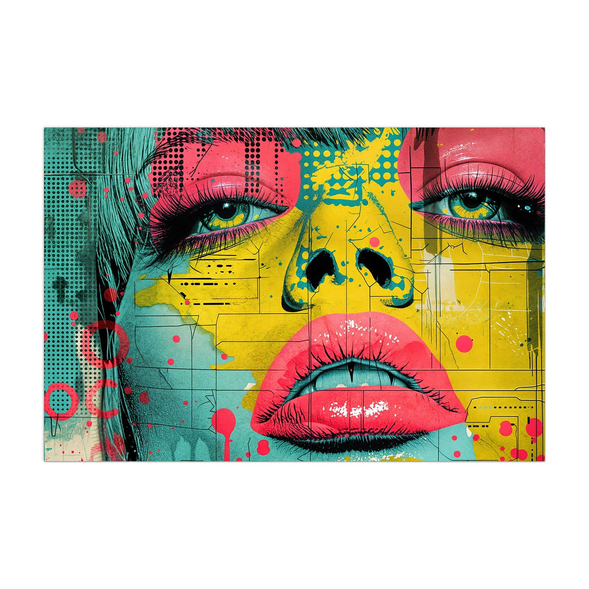 Küchenrückwand aus Glas Gesicht in Gelb und Pink im Hochformat, Motiv bildfüllend von vorn