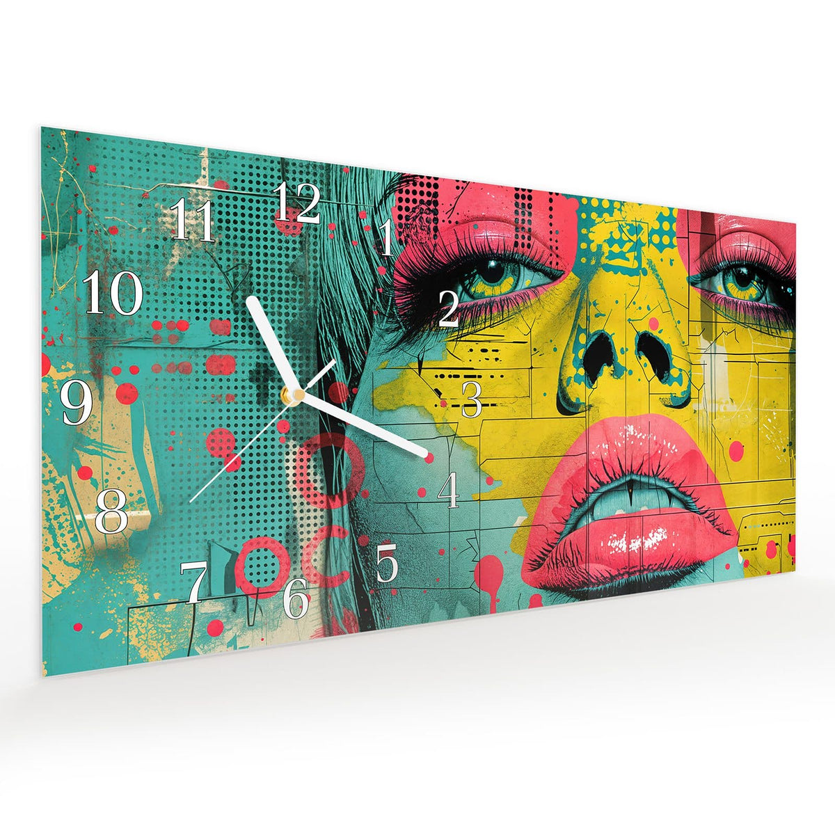 Vormontiert – mit Schwebeeffekt – Wanduhr Portrait Pop Art aus Glas – Querformat 60 × 30 cm