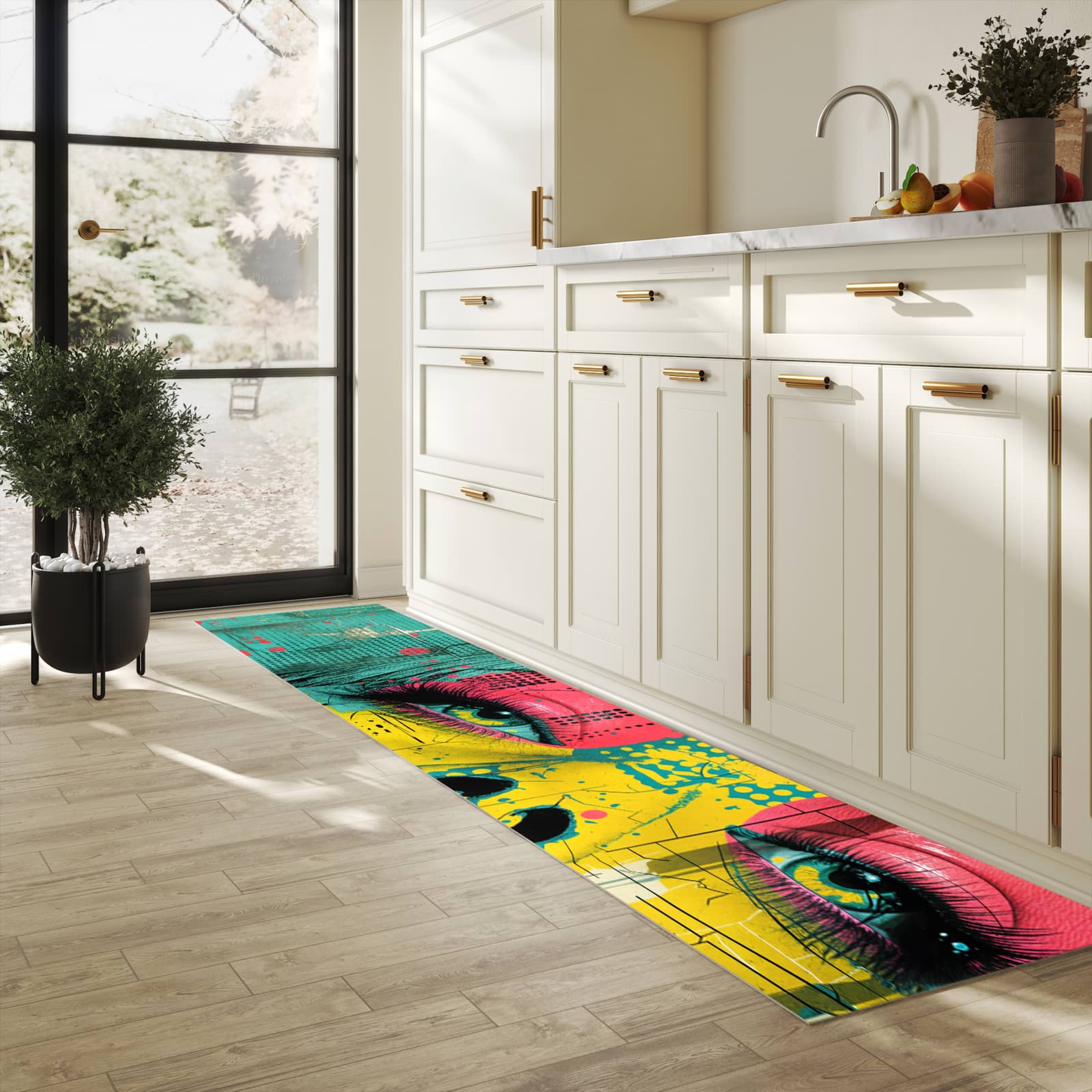 Waschbarer Küchenteppich mit Motiv Portrait Pop Art in heller Küche schont den Boden